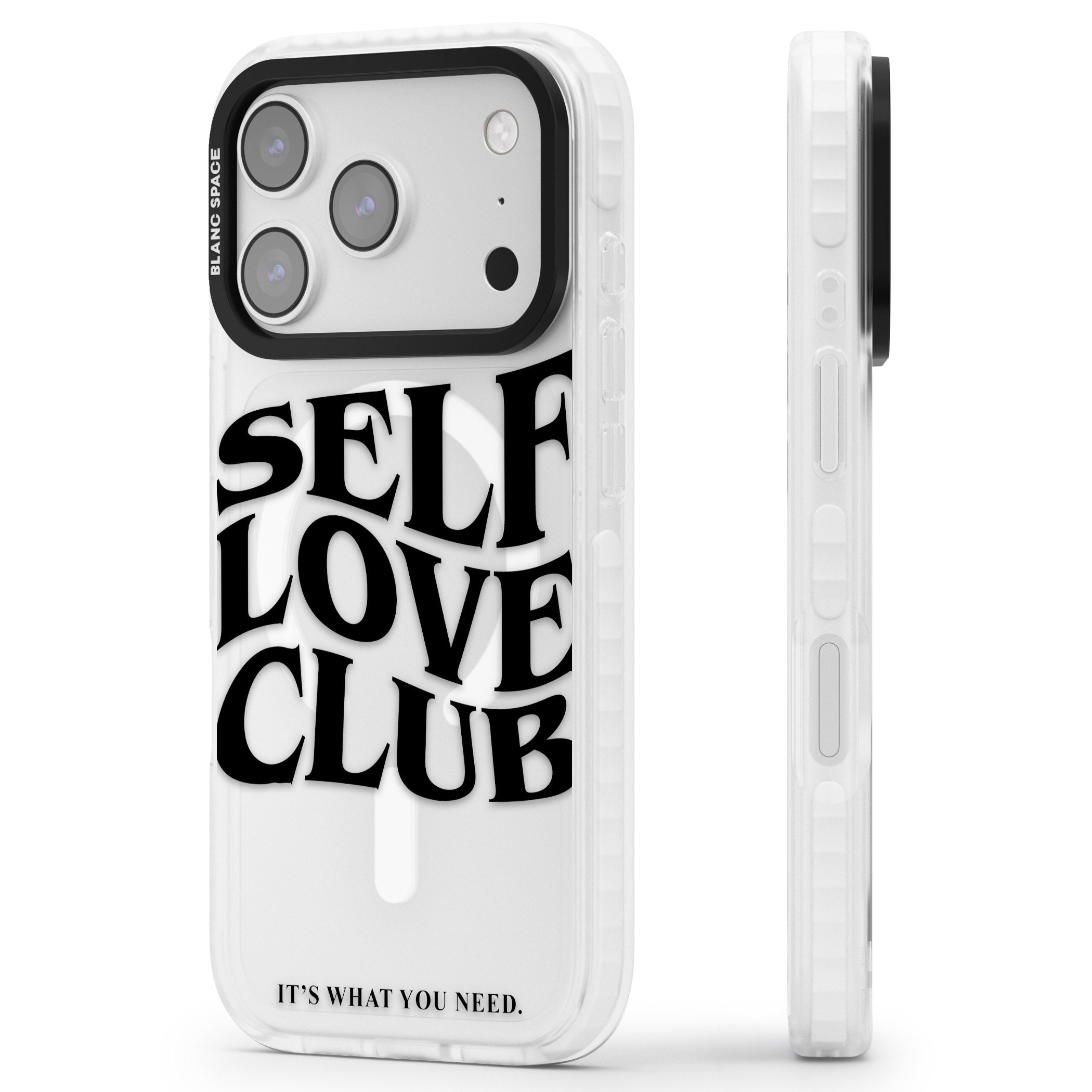 Self Love Club Black iPhone 17 Pro Impact Pro Clear Phone Case Side Profile
