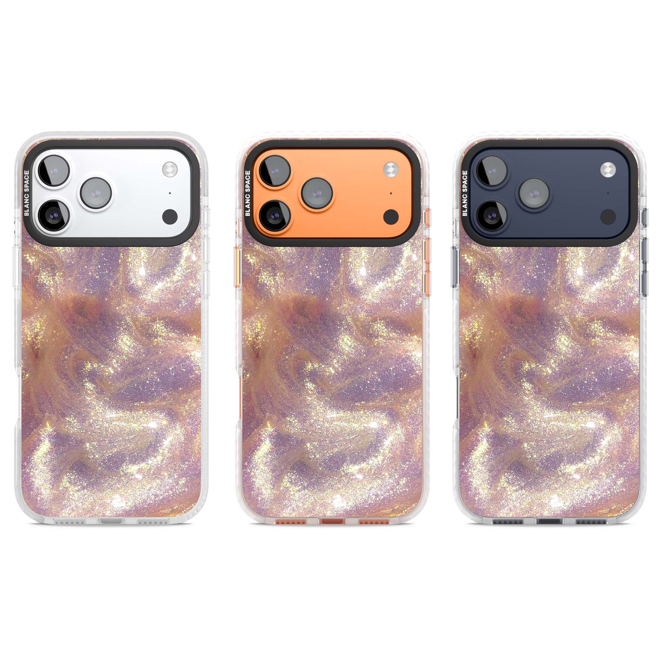 Shimmer marble iPhone case featuring rose gold glitter swirls, lilac shimmer and iridescent pearl finish | Impact Magsafe case for iPhone 17 Pro, iPhone 17 Pro Max