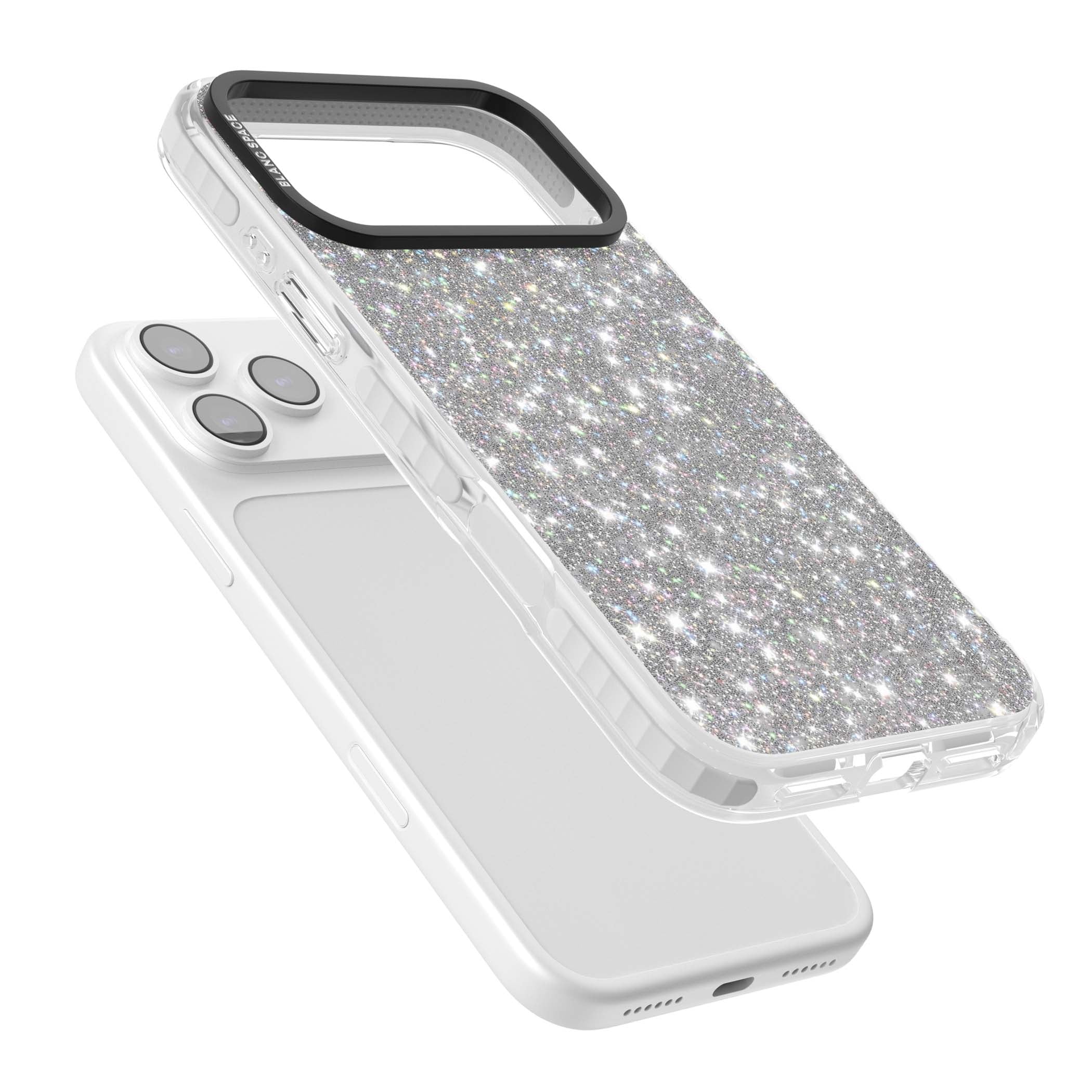 Diamond glam iPhone case featuring silver glitter sparkle and shimmering diamond dust effect | Impact Magsafe case for iPhone 17 Pro, iPhone 17 Pro Max