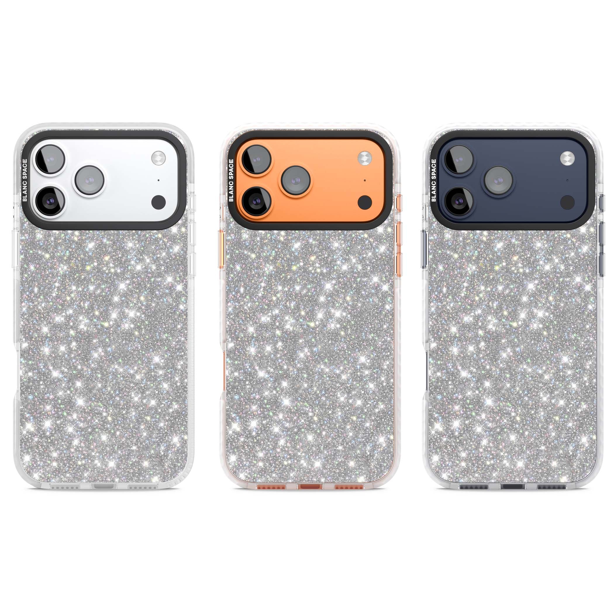 Diamond glam iPhone case featuring silver glitter sparkle and shimmering diamond dust effect | Impact Magsafe case for iPhone 17 Pro, iPhone 17 Pro Max