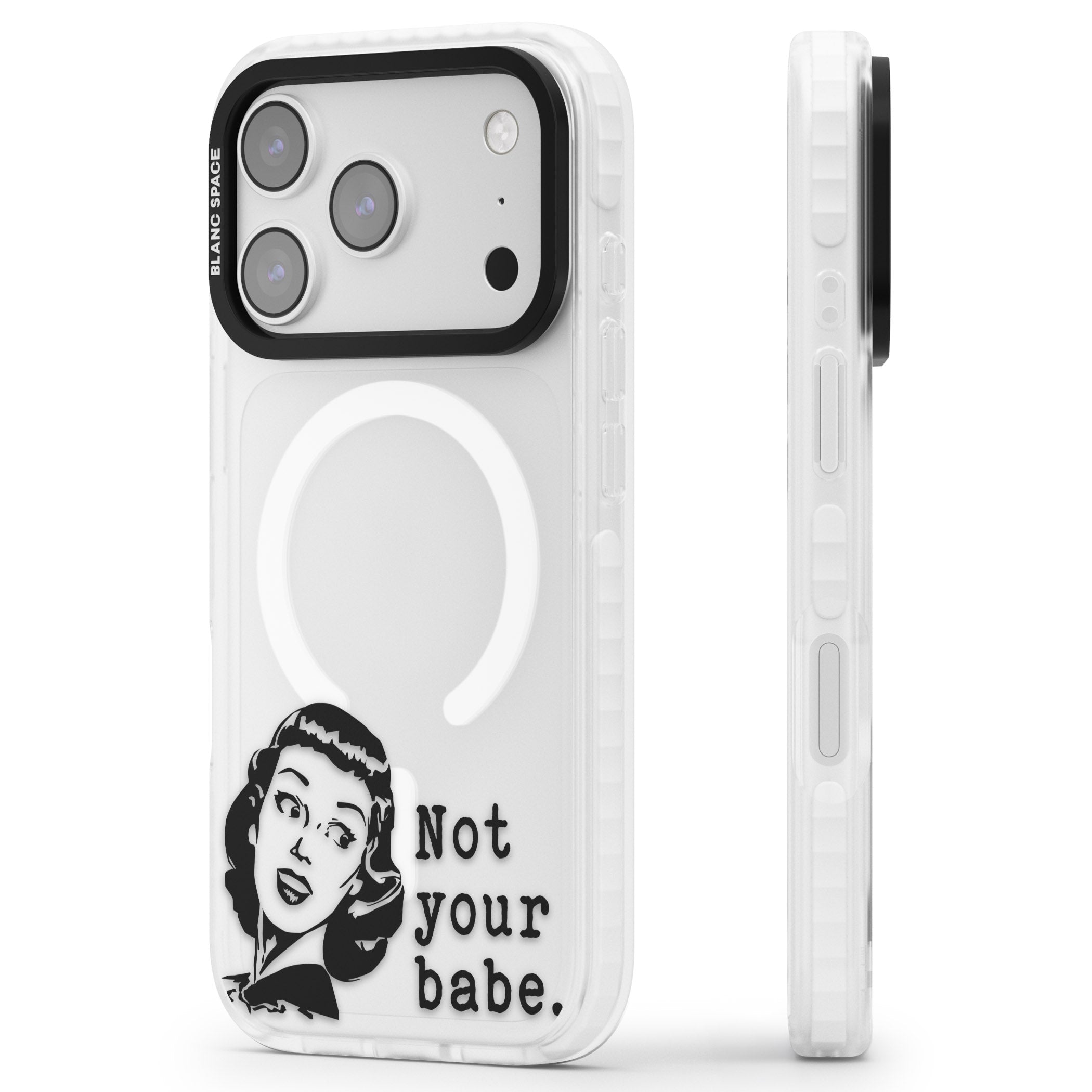 Not Your Babe iPhone 17 Pro Max Impact Pro Clear Phone Case Side Profile