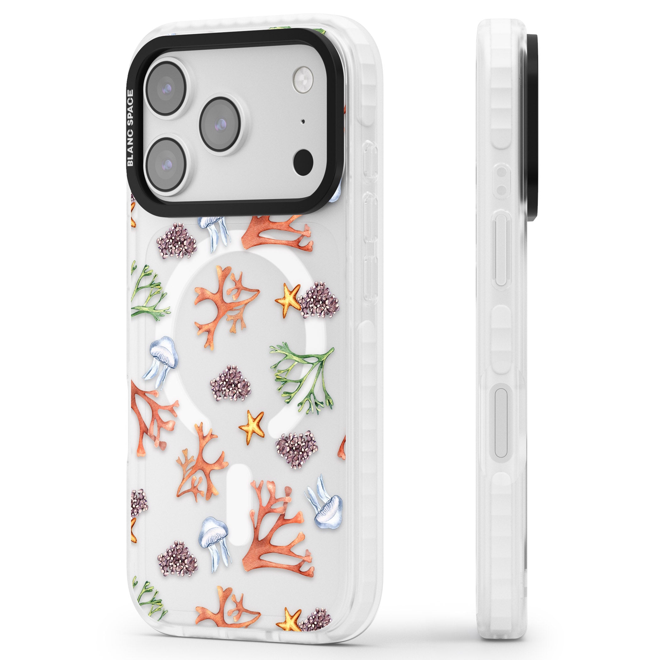 Coral & Jellyfish iPhone 17 Pro Impact Pro Clear Phone Case Side Profile