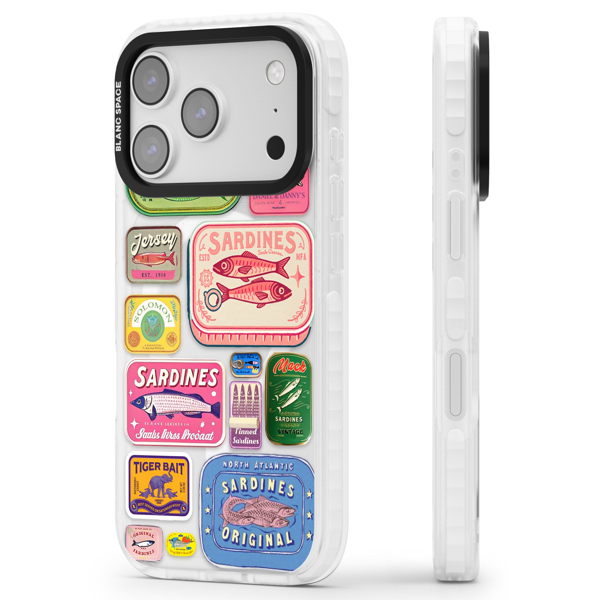 Vintage Sardine Tins iPhone 17 Pro Impact Pro Clear Phone Case Side Profile