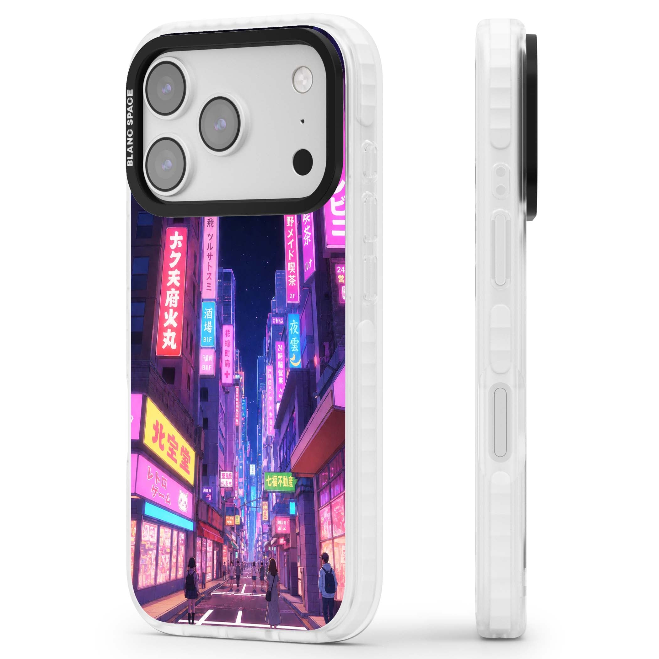 Shibuya At Night Japanese neon city iPhone case featuring glowing kanji signs, pink storefronts and a Tokyo street at n | Impact Magsafe case for iPhone 17 Pro, iPhone 17 Pro Max