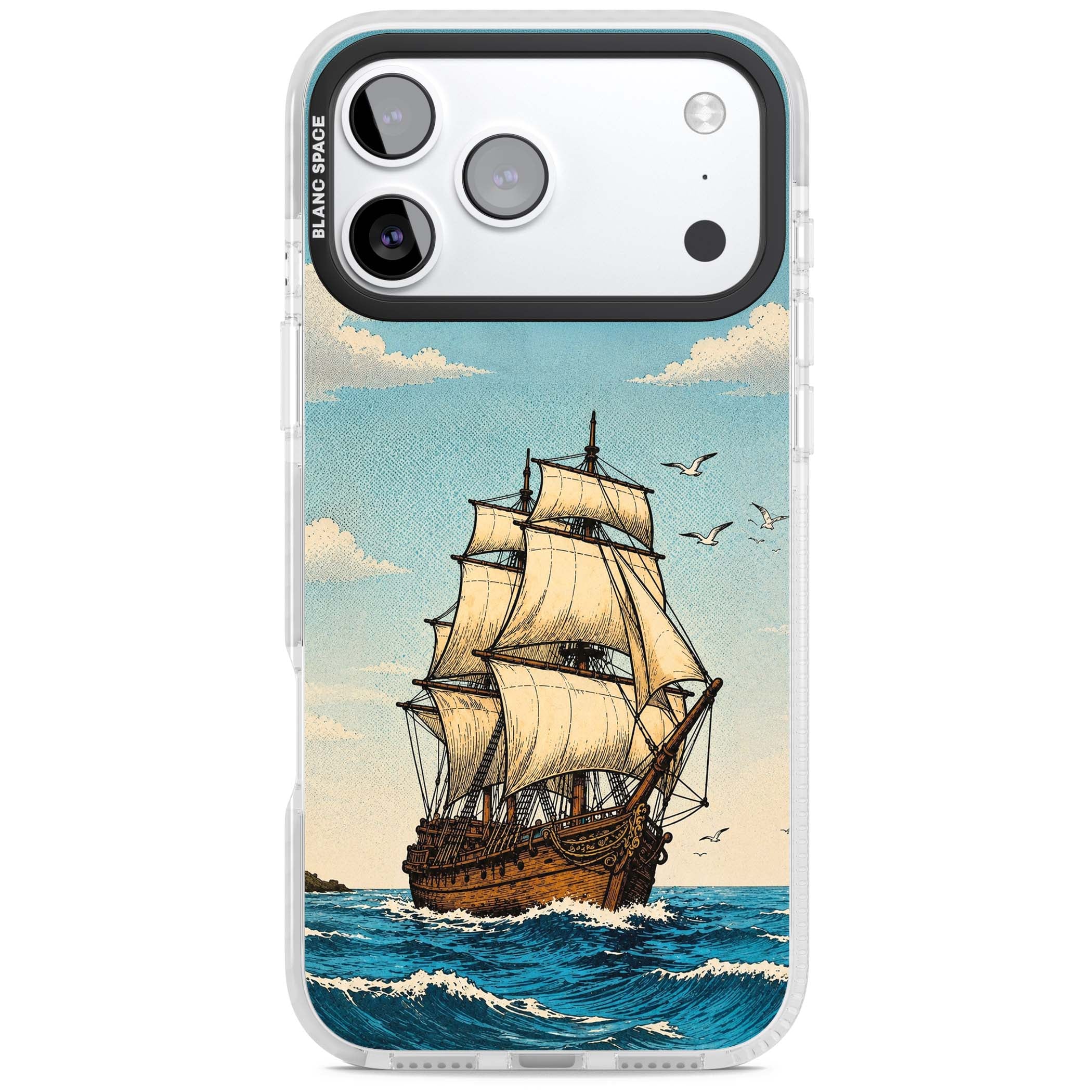 Ship at Sea nautical iPhone case featuring a vintage tall ship, ocean waves and seagulls | Impact Magsafe case for iPhone 17 Pro, iPhone 17 Pro Max