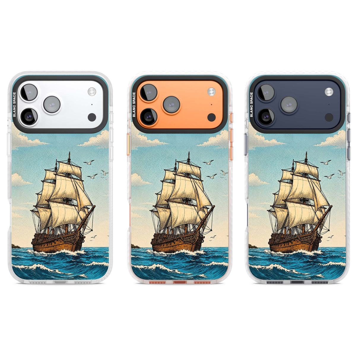 Ship at Sea nautical iPhone case featuring a vintage tall ship, ocean waves and seagulls | Impact Magsafe case for iPhone 17 Pro, iPhone 17 Pro Max