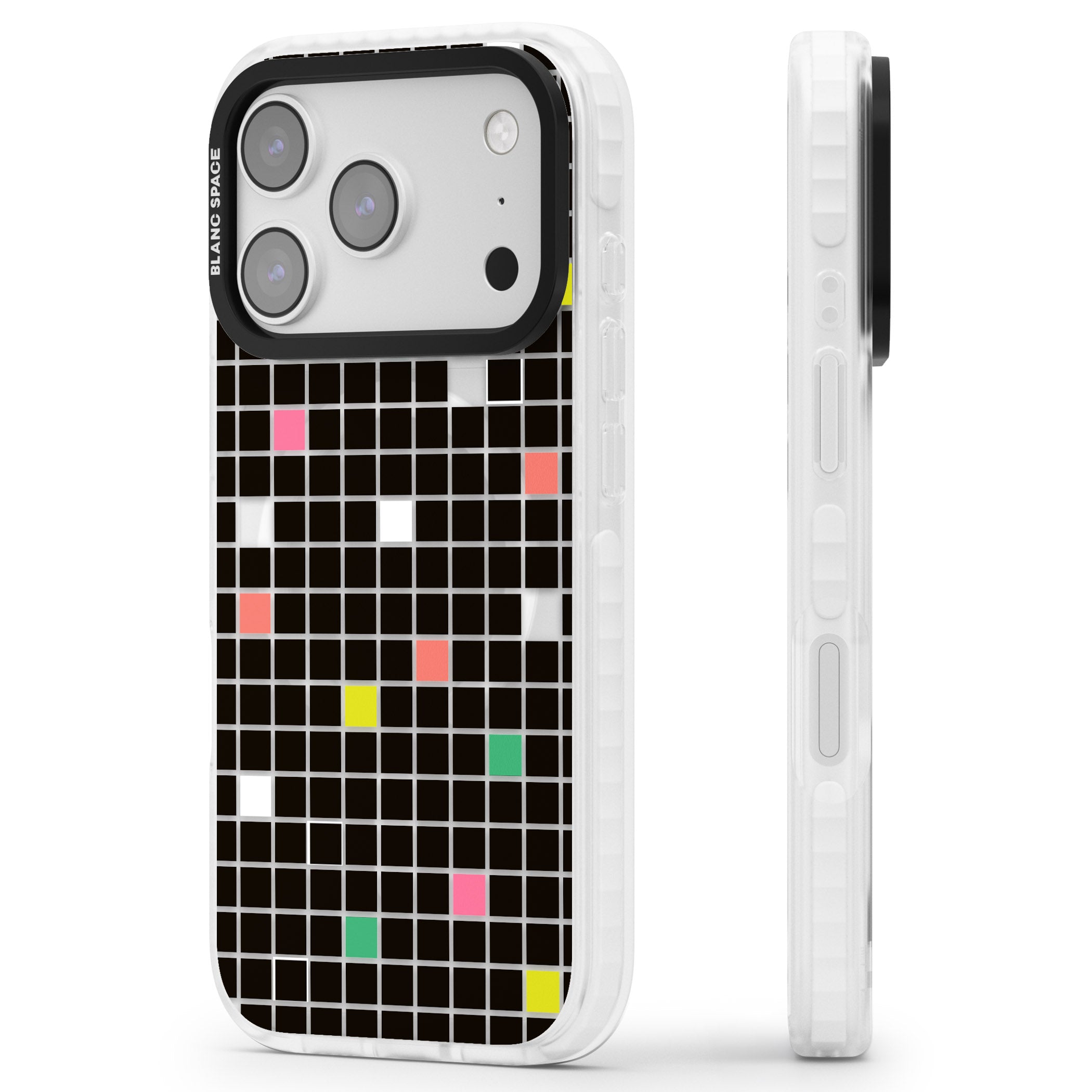 Vibrant Black Geometric Grid iPhone 17 Pro Impact Pro Clear Phone Case Side Profile