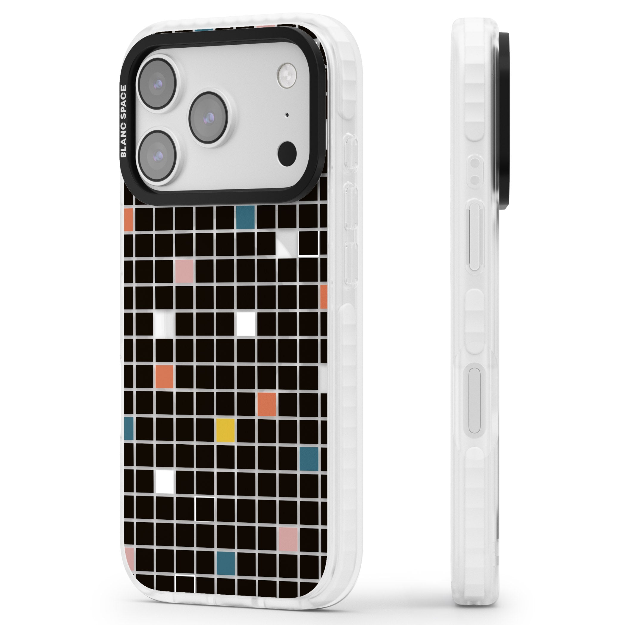 Earthtone Black Geometric Grid iPhone 17 Pro Max Impact Pro Clear Phone Case Side Profile