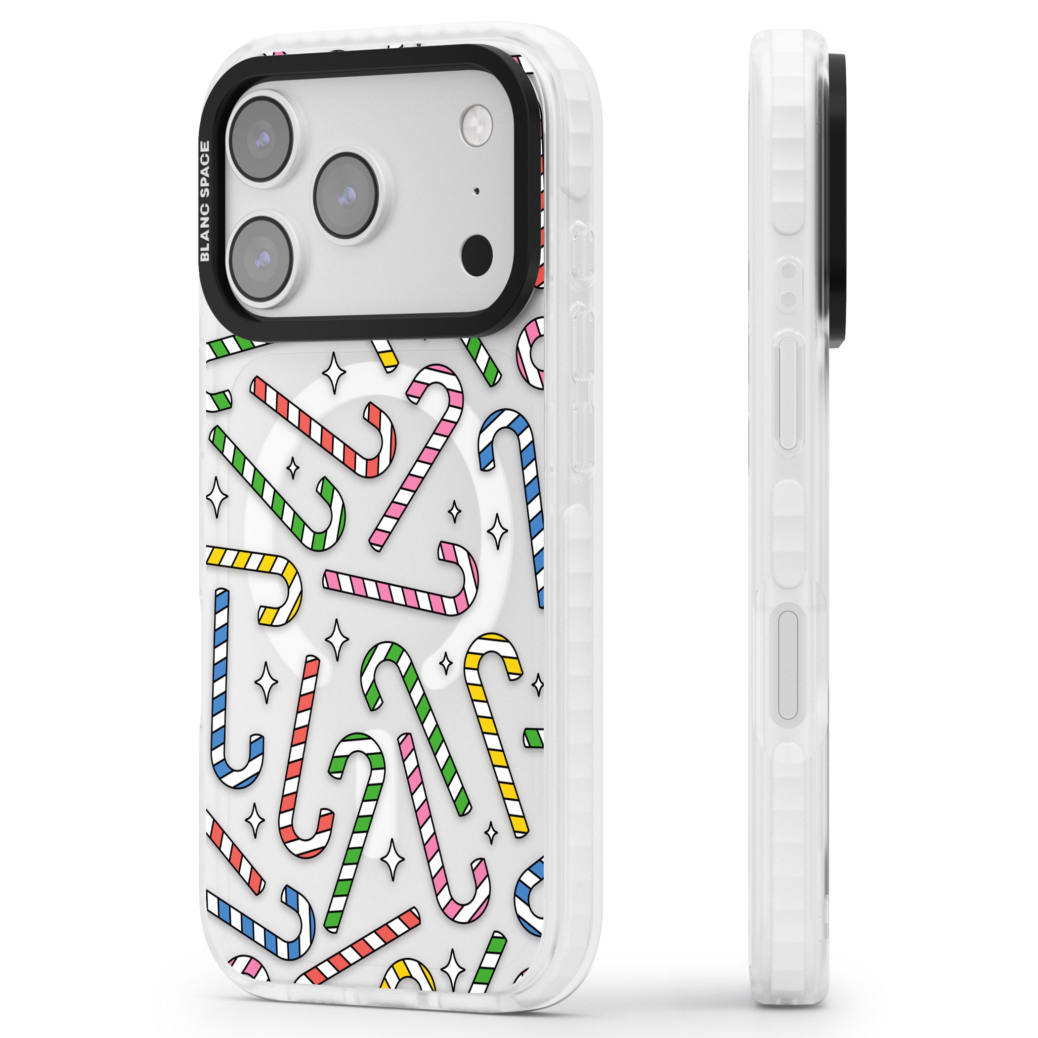 Colourful Stars & Candy Canes iPhone 17 Pro Impact Pro Clear Phone Case Side Profile