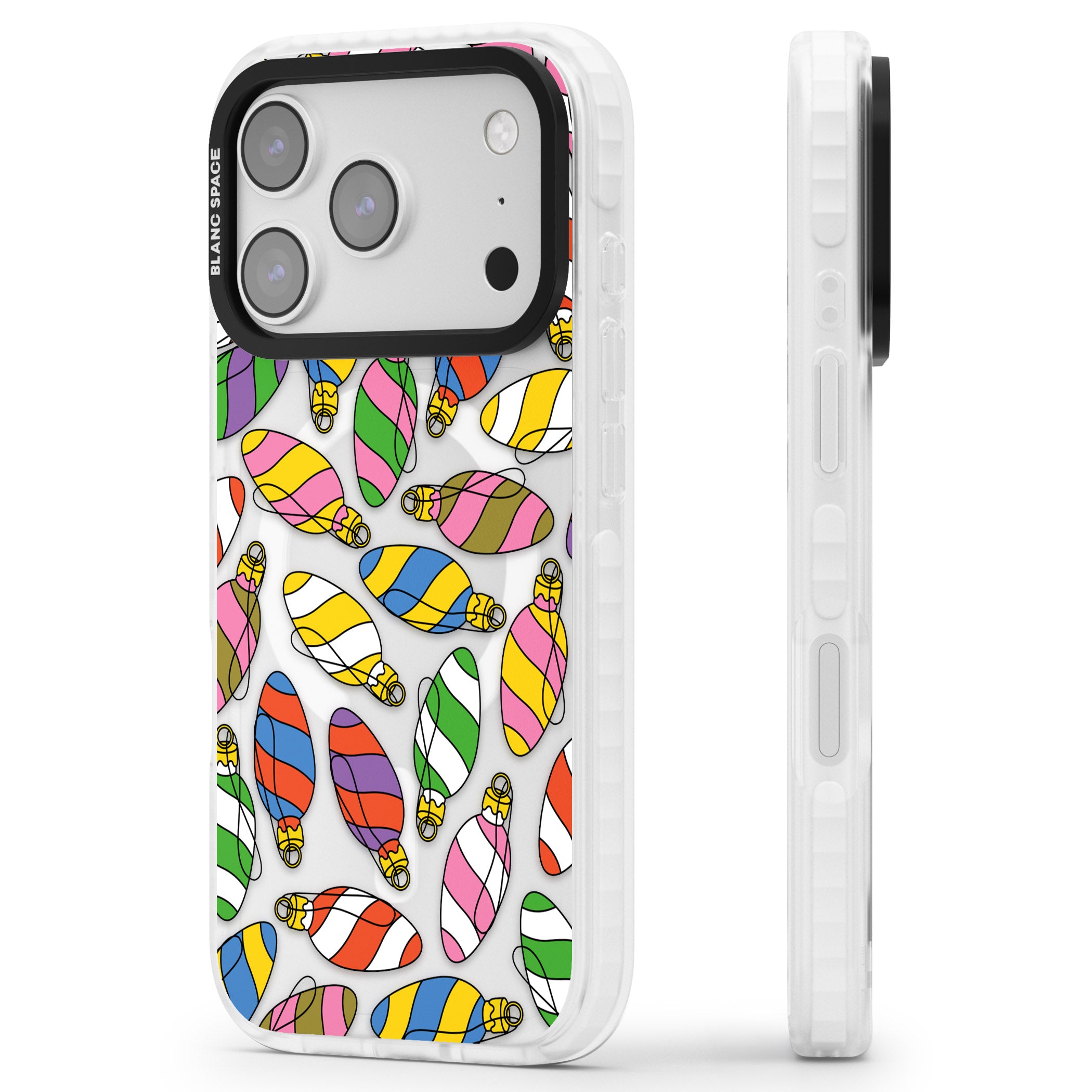 Colourful Holiday Ornaments iPhone 17 Pro Max Impact Pro Clear Phone Case Side Profile