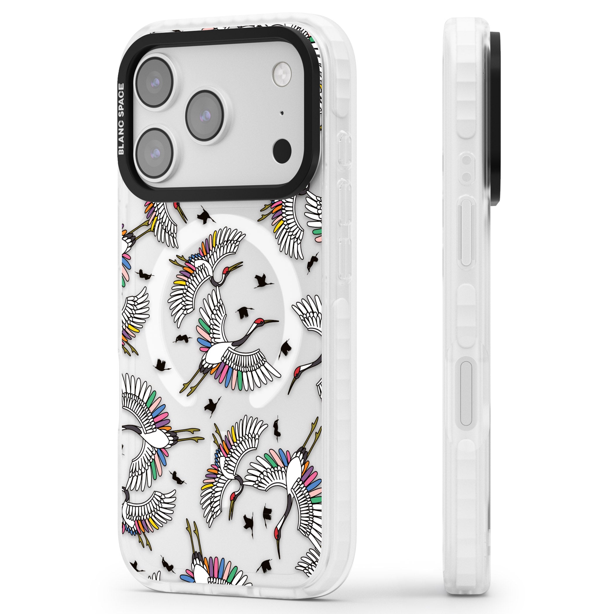 Colourful Crane Pattern iPhone 17 Pro Max Impact Pro Clear Phone Case Side Profile