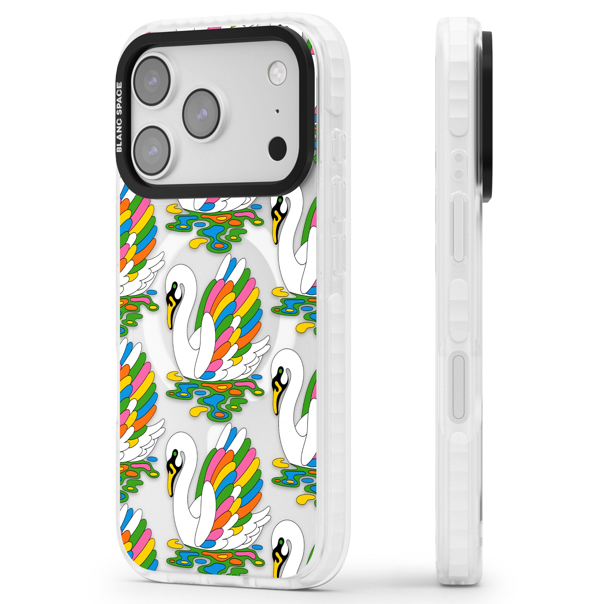 Colourful Swan Pattern iPhone 17 Pro Max Impact Pro Clear Phone Case Side Profile