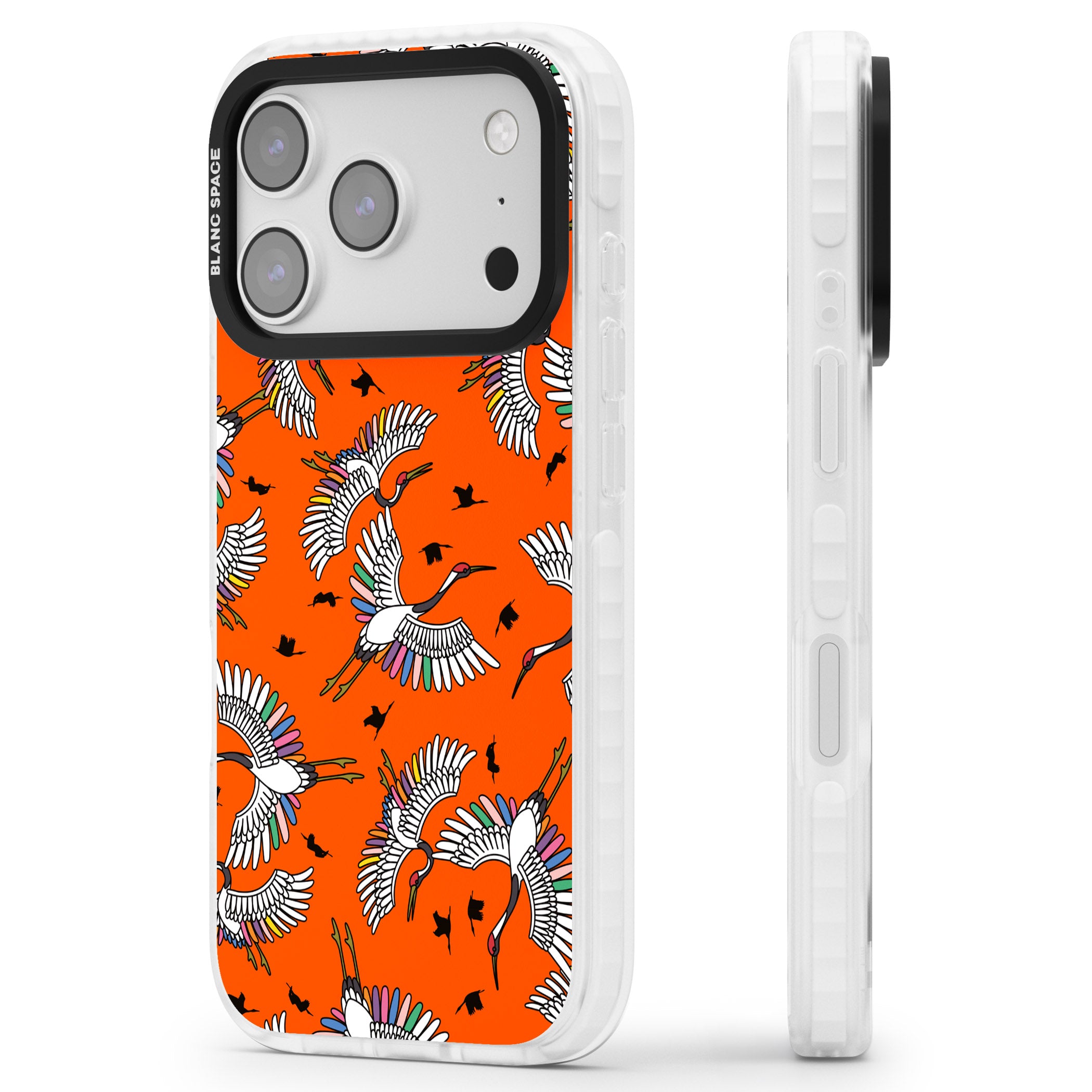 Colourful Crane Pattern (Orange) iPhone 17 Pro Impact Pro Clear Phone Case Side Profile