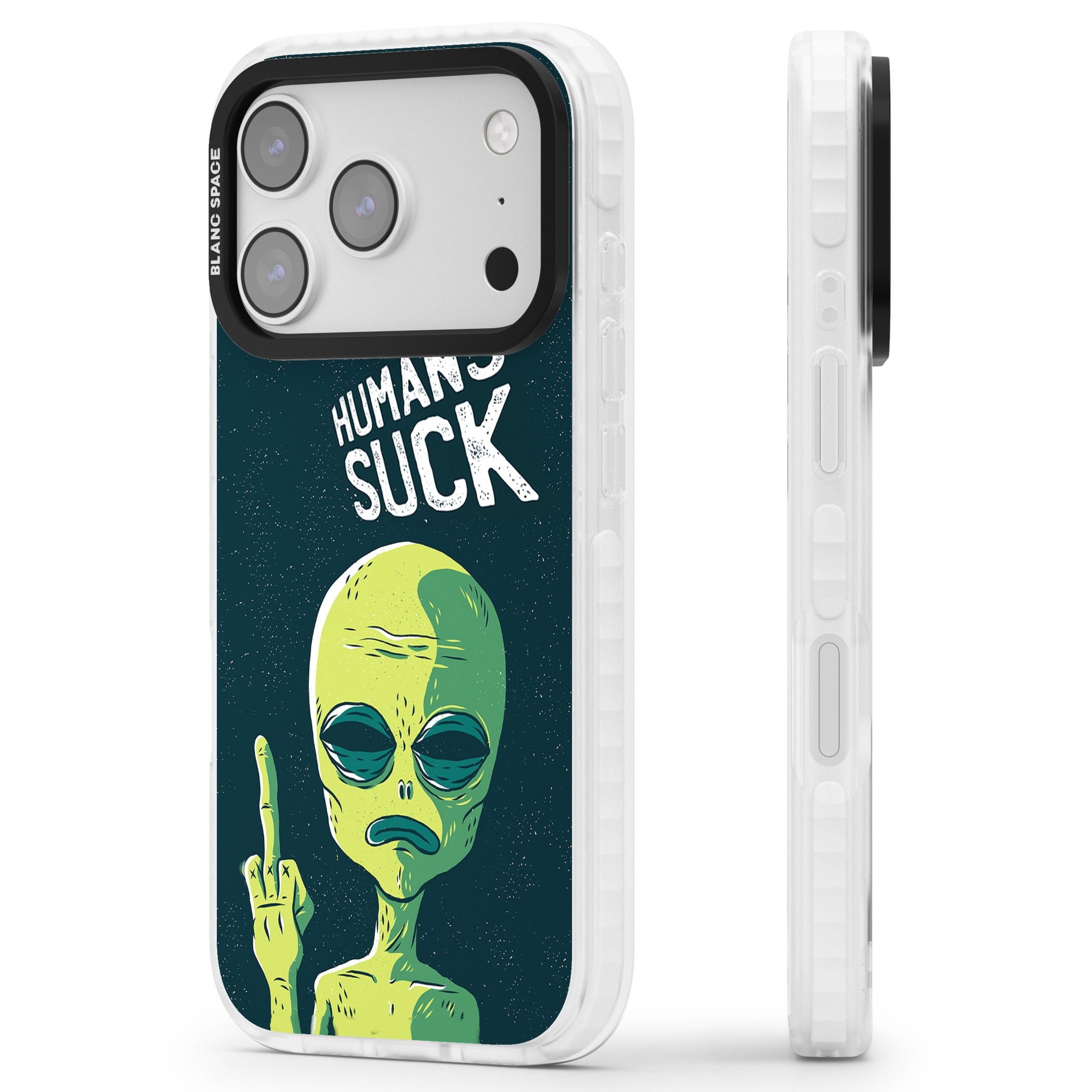 Humans Suck Alien iPhone 17 Pro Impact Pro Clear Phone Case Side Profile
