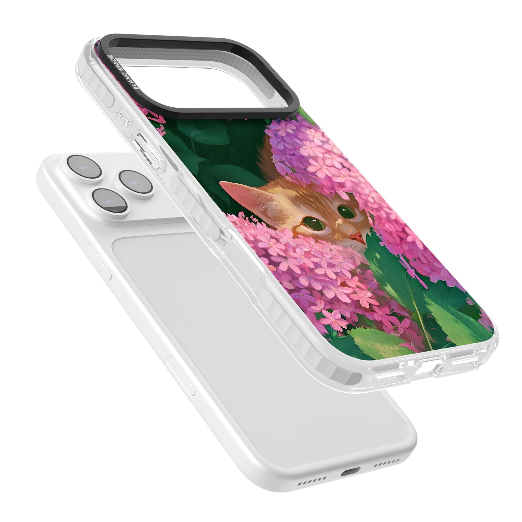Cat In Pink Flowers cottagecore iPhone case featuring a ginger kitten peeking through lilac and pink hydrangea flo | Impact Magsafe case for iPhone 17 Pro, iPhone 17 Pro Max