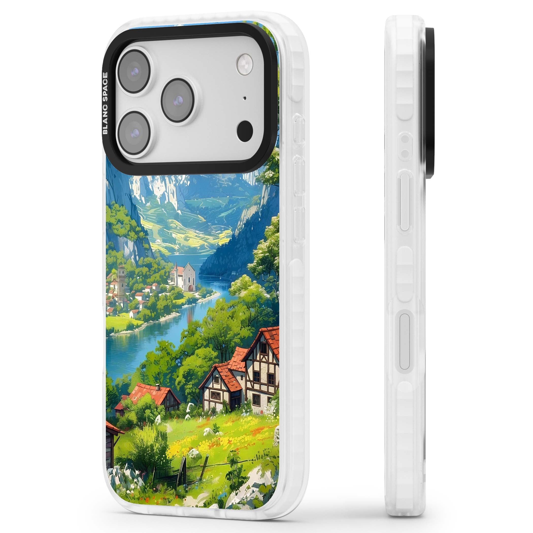 Village In The Valley anime iPhone case featuring a painted mountain village, river valley and half-timbered cottages. | Impact Magsafe case for iPhone 17 Pro, iPhone 17 Pro Max