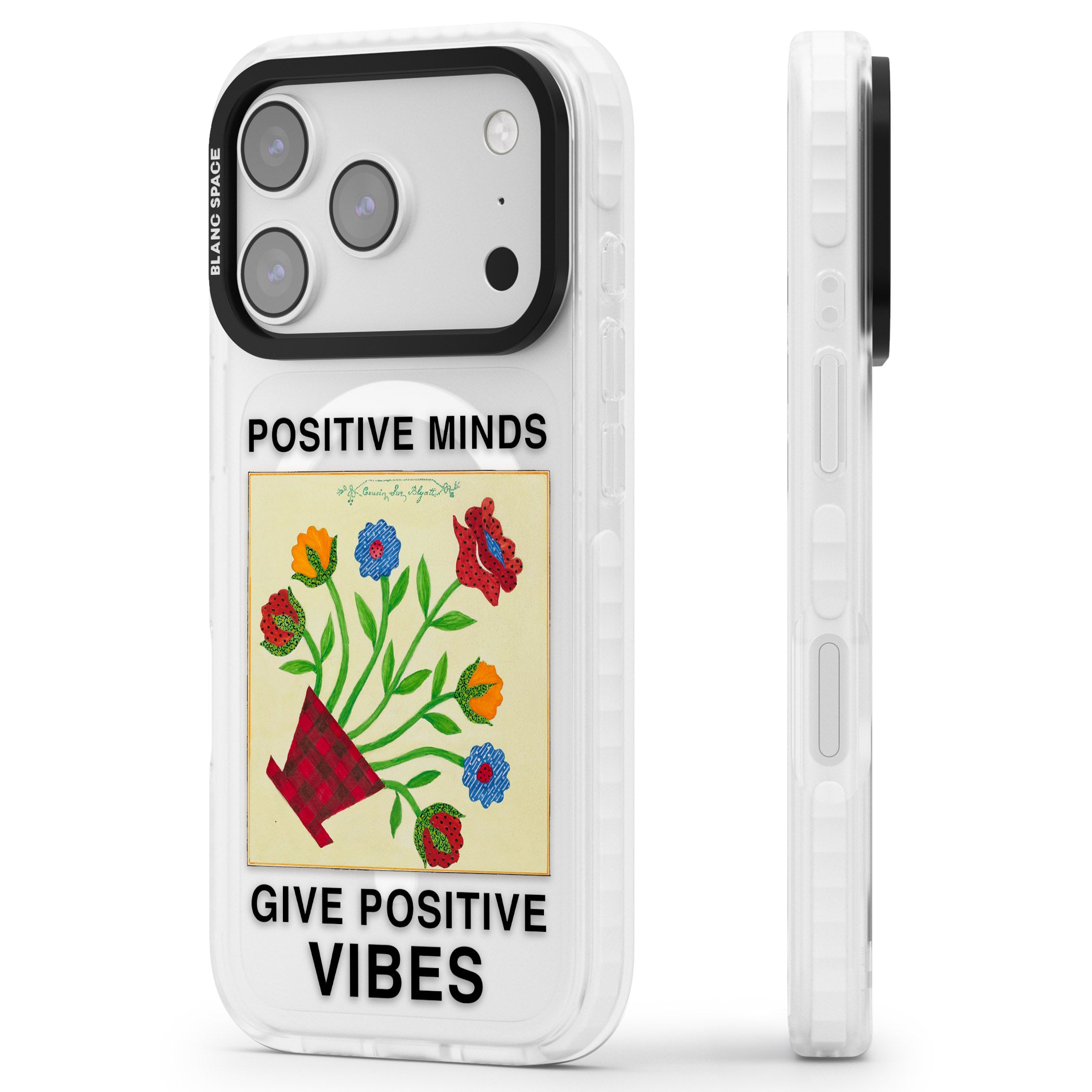 Positive Minds Give Positive Vibes iPhone 17 Pro Impact Pro Clear Phone Case Side Profile