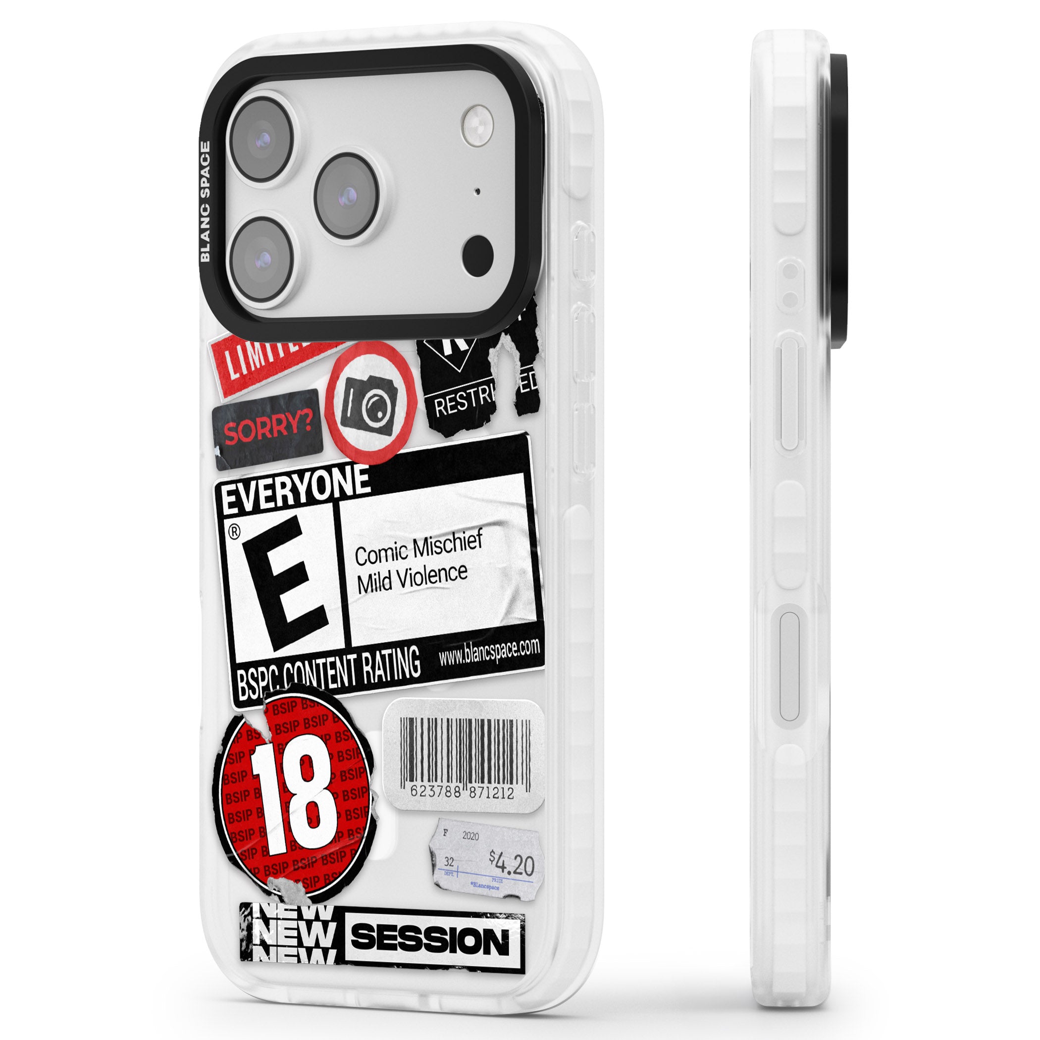 Rated 18+ Sticker Mix iPhone 17 Pro Impact Pro Clear Phone Case Side Profile