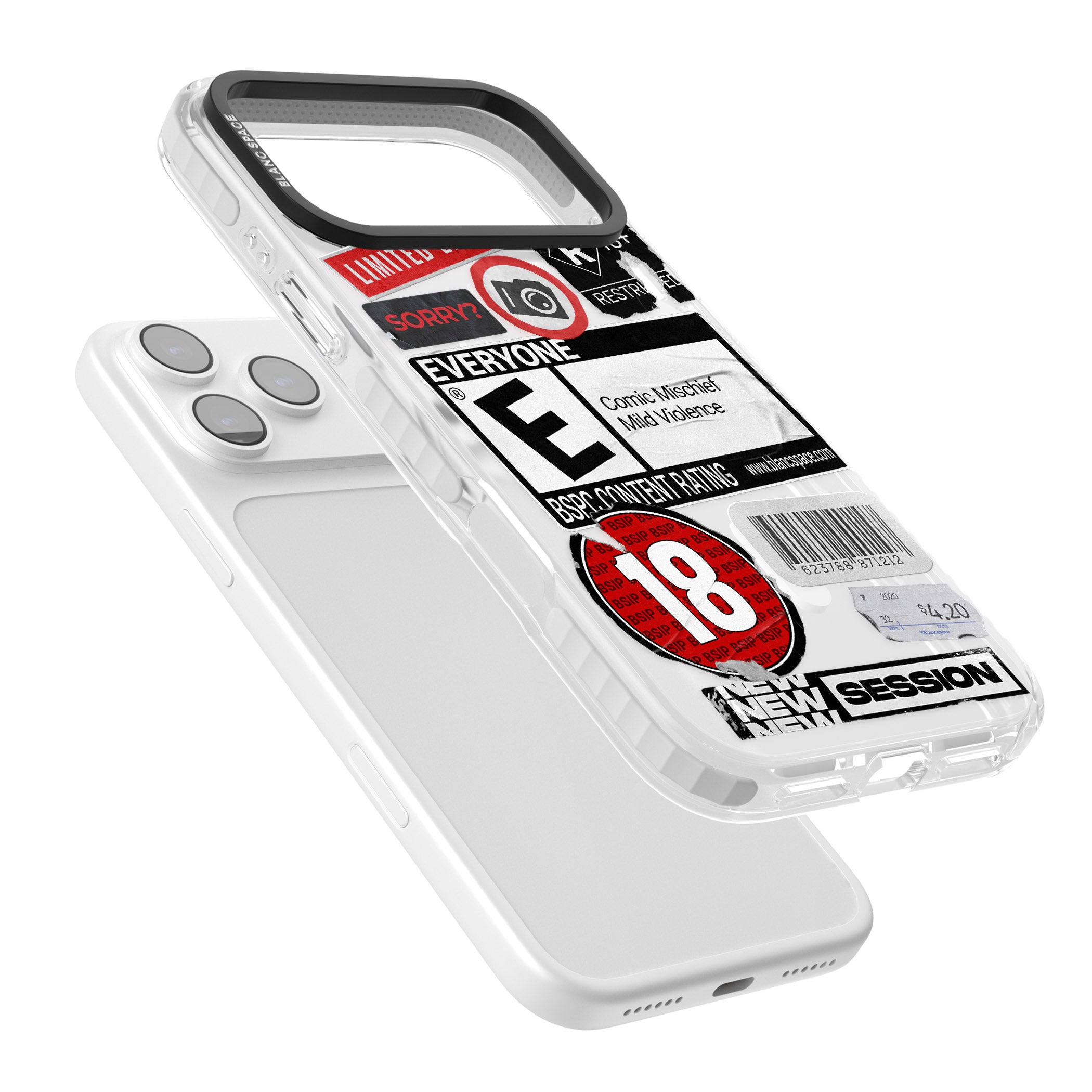 Rated 18+ Sticker Mix iPhone 17 Pro Impact Pro Clear Phone Case Colours