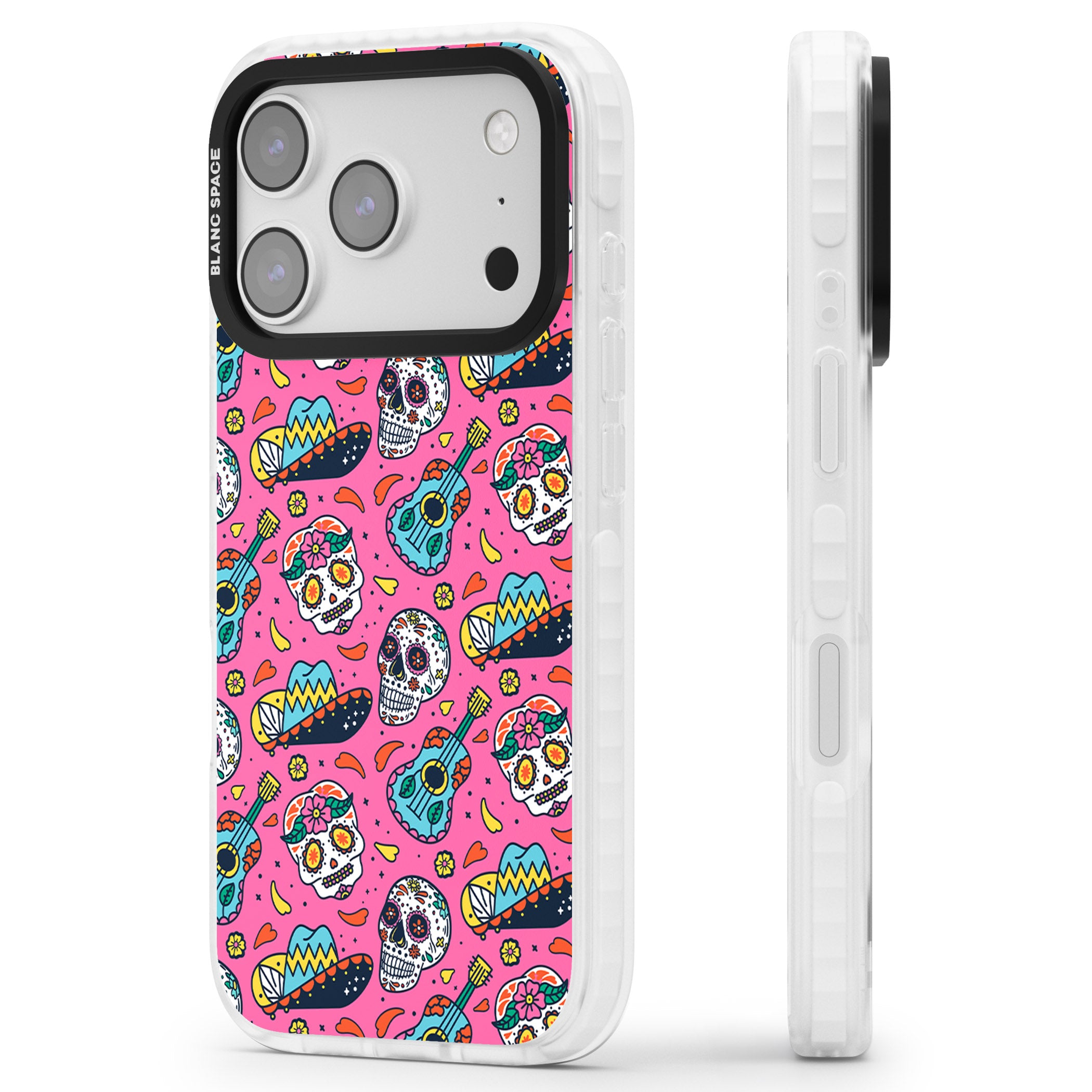 Pink Day Of The Dead Pattern iPhone 17 Pro Impact Pro Clear Phone Case Side Profile