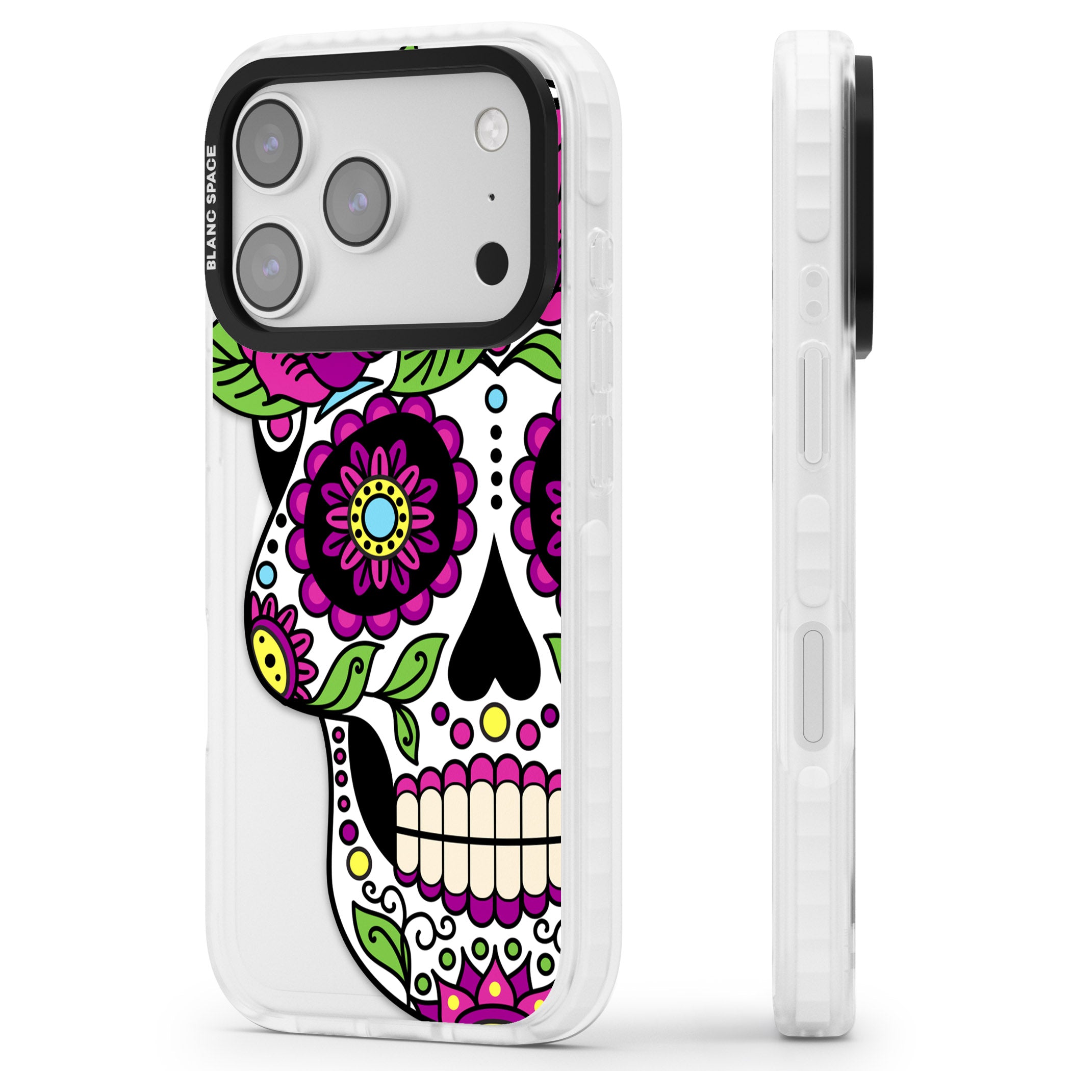 Purple Floral Sugar Skull iPhone 17 Pro Impact Pro Clear Phone Case Side Profile