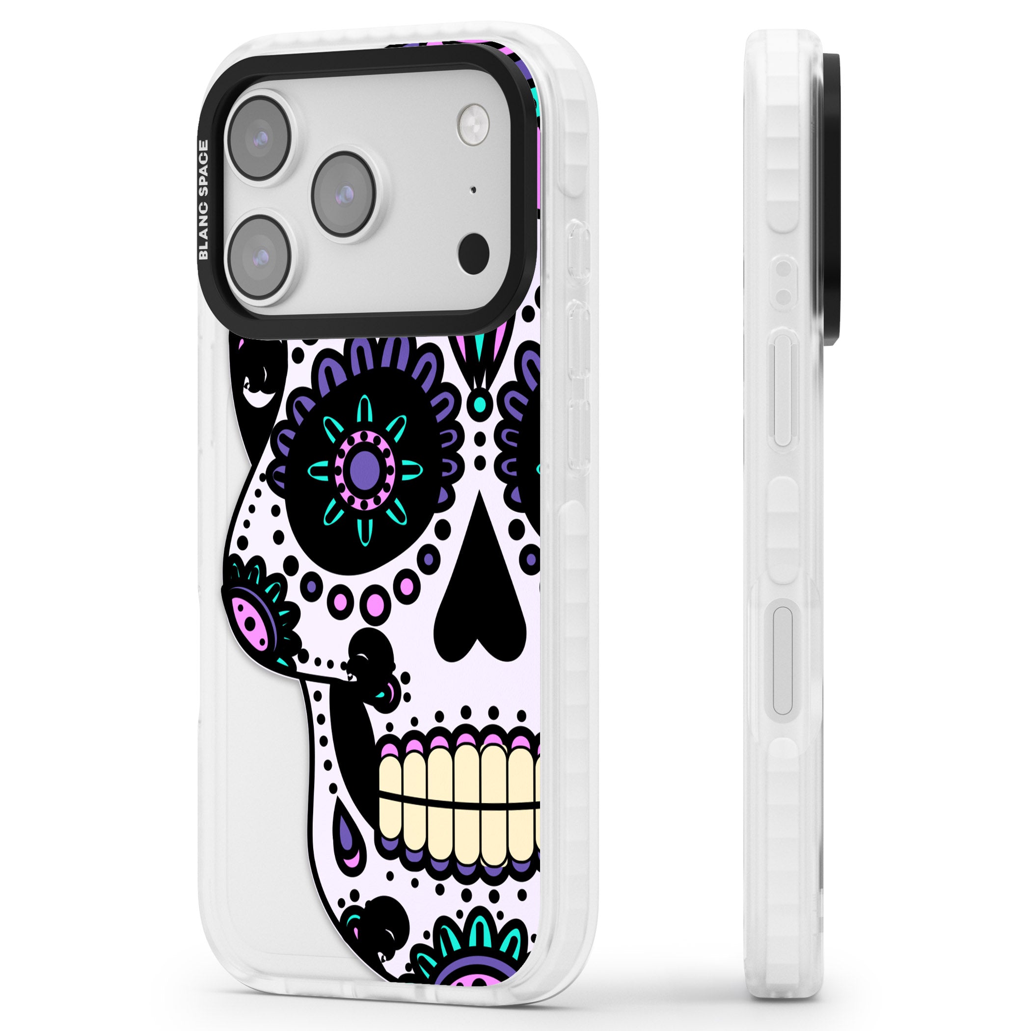 Violet Sugar Skull iPhone 17 Pro Impact Pro Clear Phone Case Side Profile