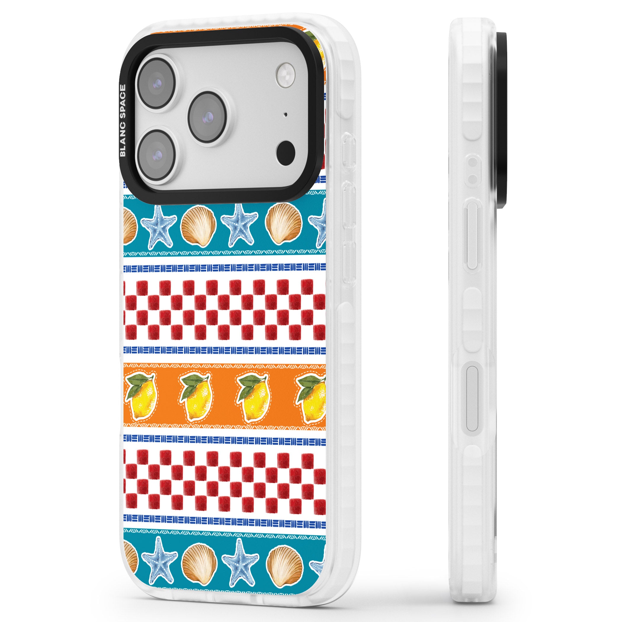 Coastal Italian Check Pattern iPhone 17 Pro Impact Pro Clear Phone Case Side Profile