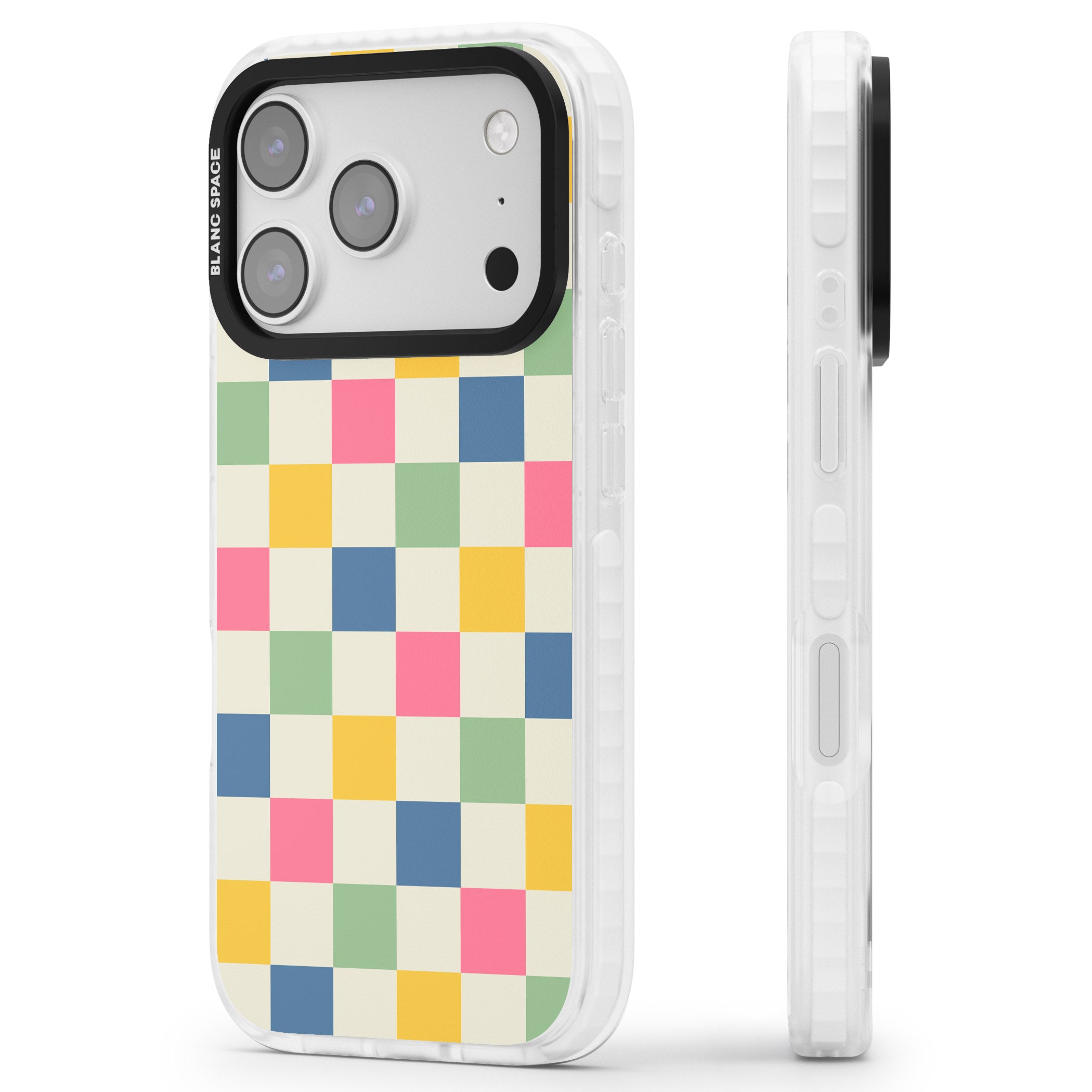Pastel Multicolor Checkered iPhone 17 Pro Impact Pro Clear Phone Case Side Profile