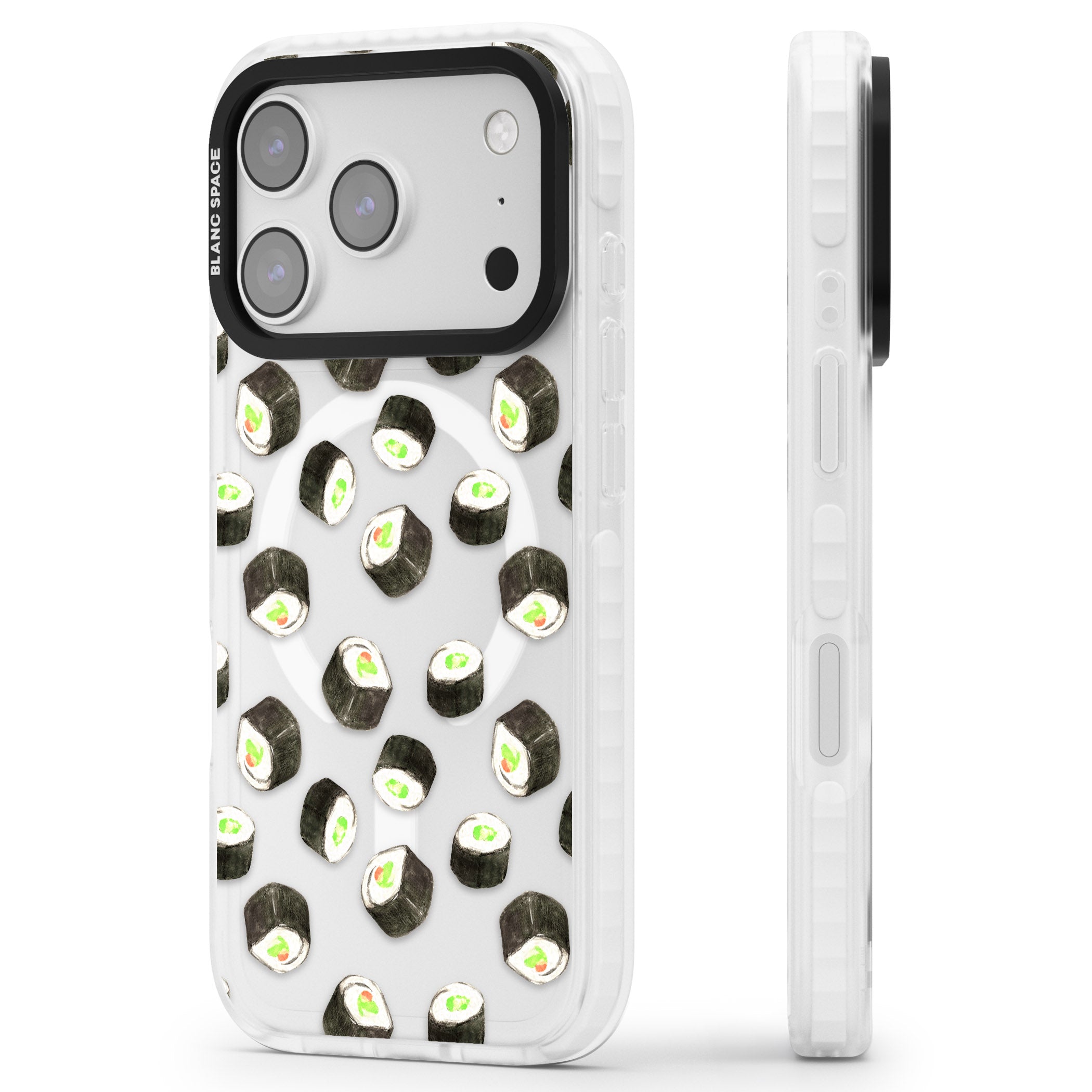 Sushi Pattern iPhone 17 Pro Impact Pro Clear Phone Case Side Profile