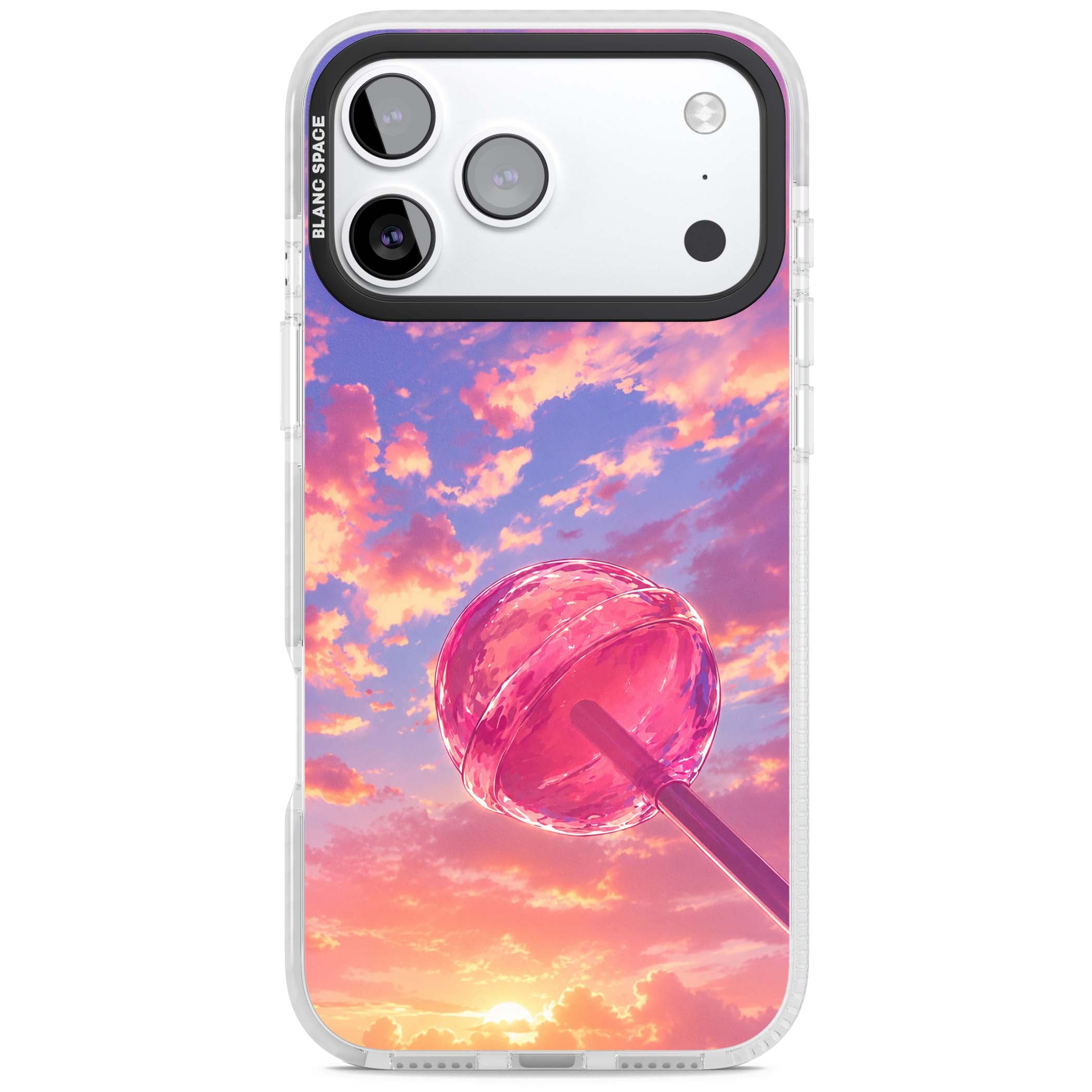 Sugar Sunset candy aesthetic iPhone case featuring a pink lollipop, pastel sunset sky and dreamy clouds | Impact Magsafe case for iPhone 17 Pro, iPhone 17 Pro Max