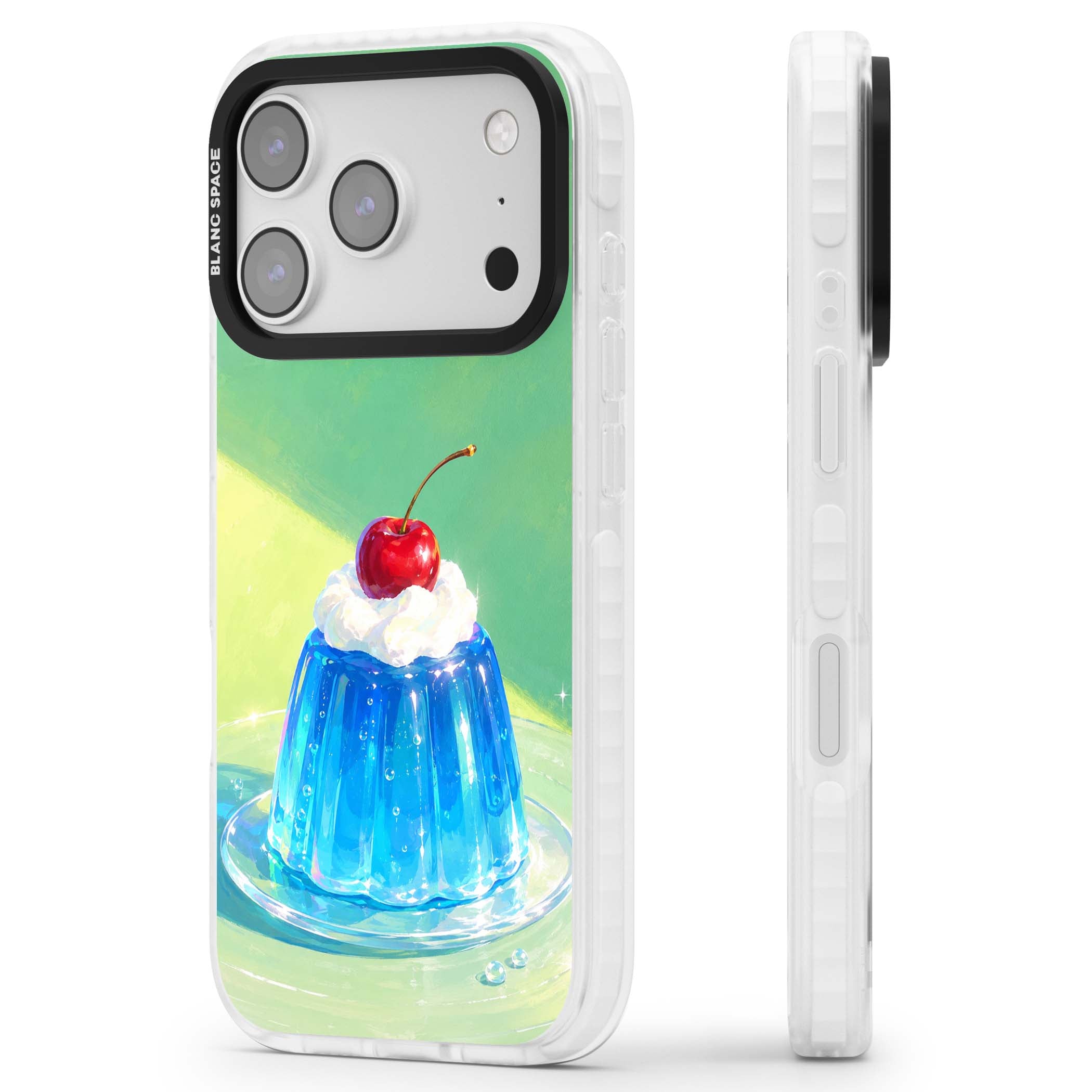 Cherry Jelly kawaii dessert iPhone case featuring blue jelly pudding, whipped cream and a red cherry | Impact Magsafe case for iPhone 17 Pro, iPhone 17 Pro Max