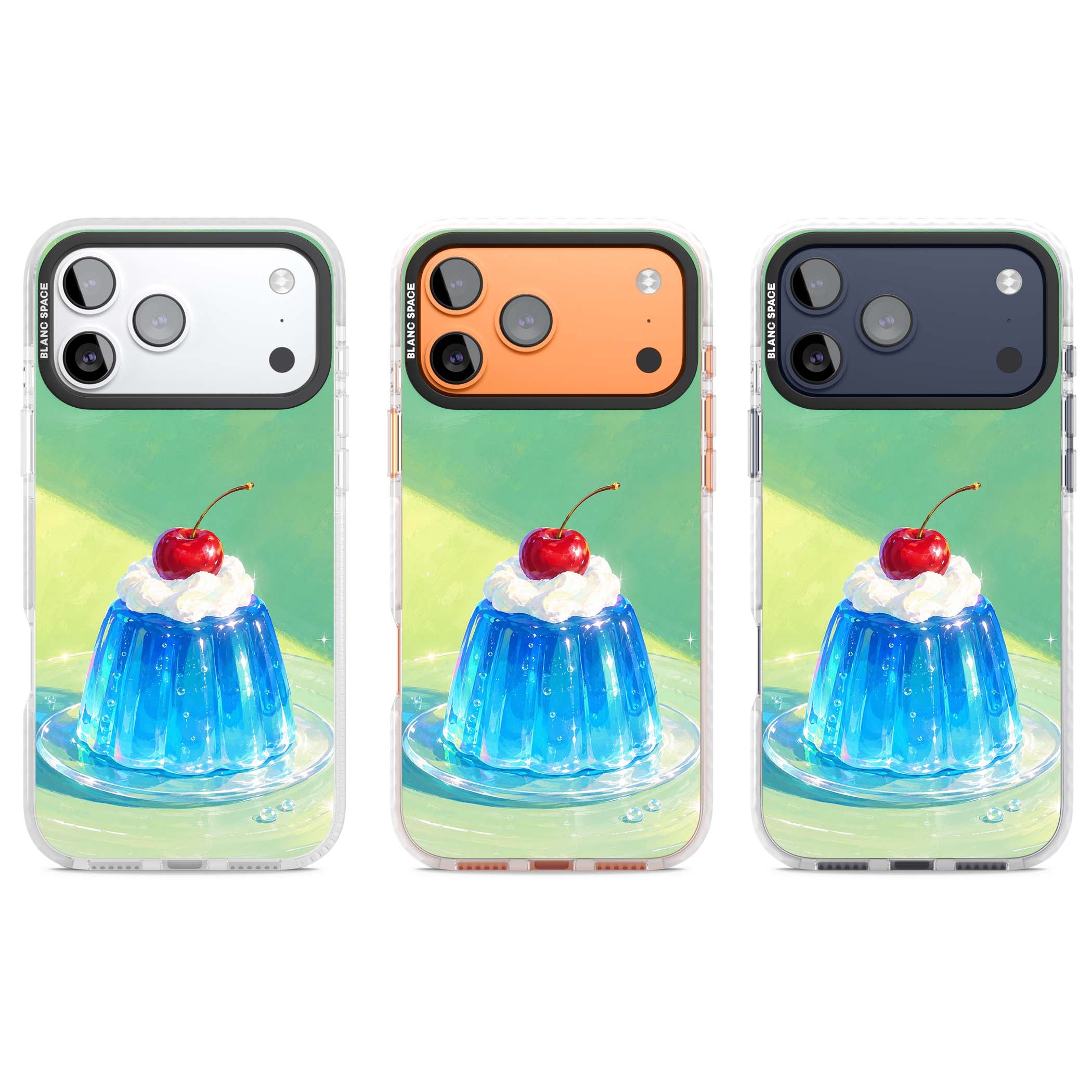 Cherry Jelly kawaii dessert iPhone case featuring blue jelly pudding, whipped cream and a red cherry | Impact Magsafe case for iPhone 17 Pro, iPhone 17 Pro Max