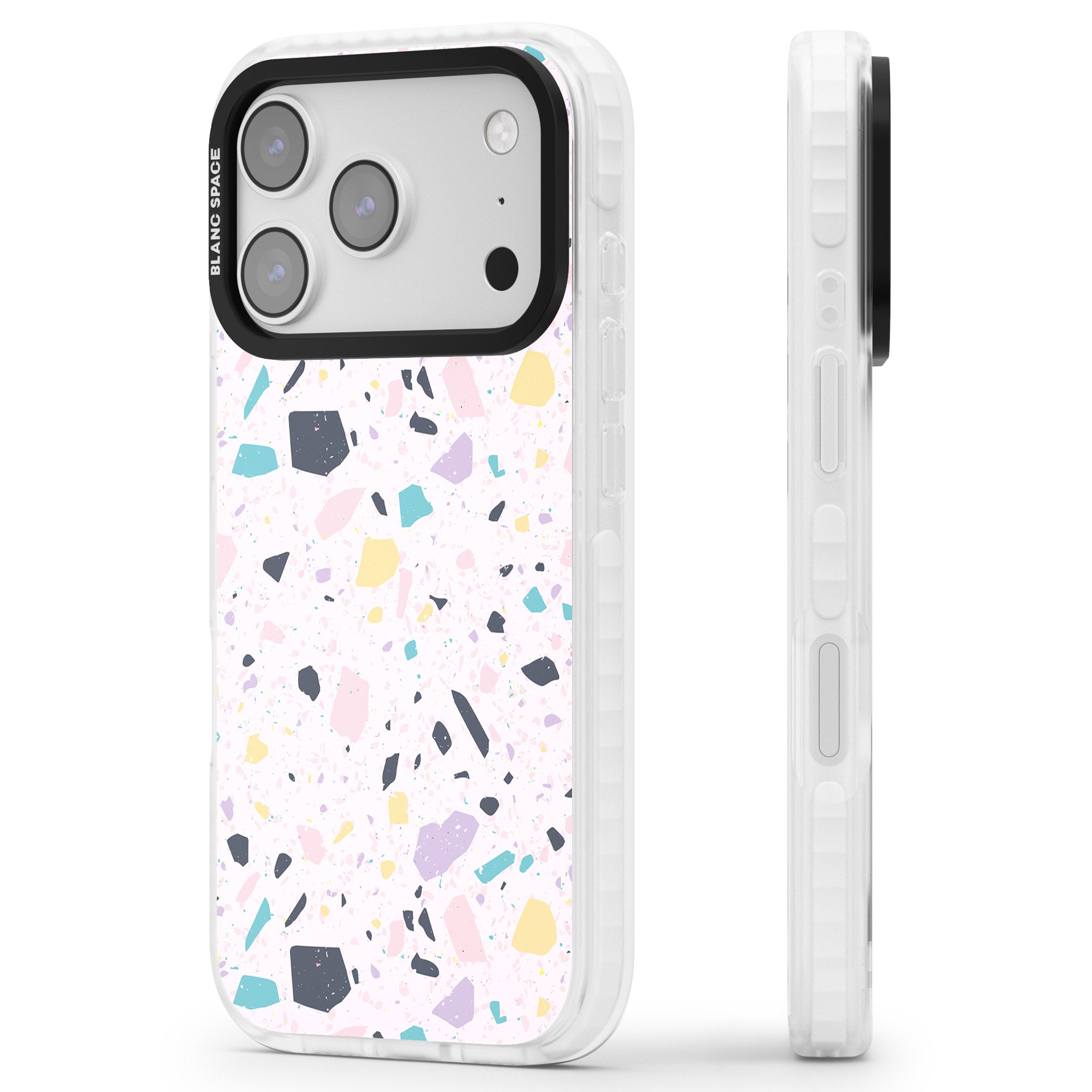 Pink, Purple & Turquoise Terrazzo Pattern iPhone 17 Pro Max Impact Pro Clear Phone Case Side Profile