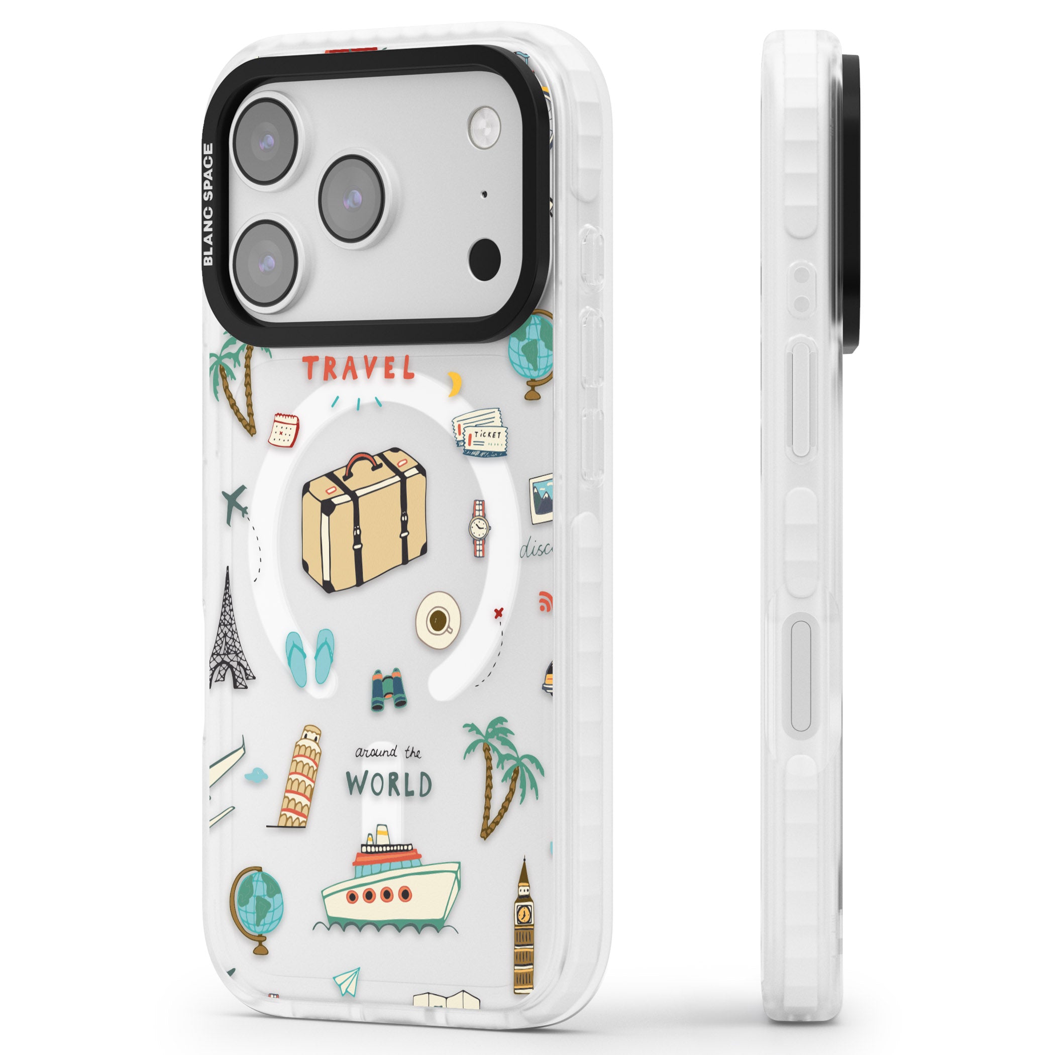 Cute Travel Pattern Transparent iPhone 17 Pro Impact Pro Clear Phone Case Side Profile