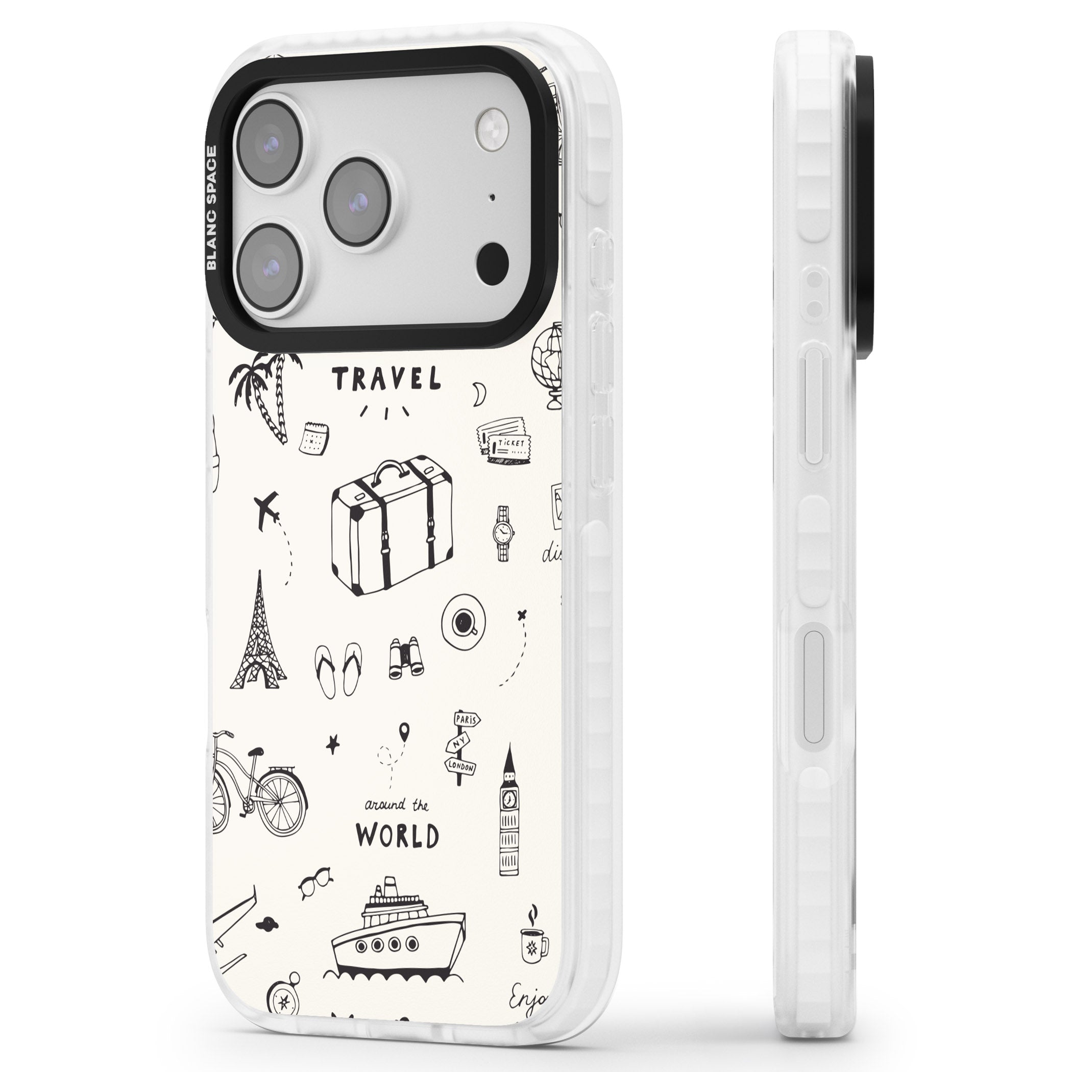 Cute Travel Pattern, White On iPhone 17 Pro Impact Pro Clear Phone Case Side Profile