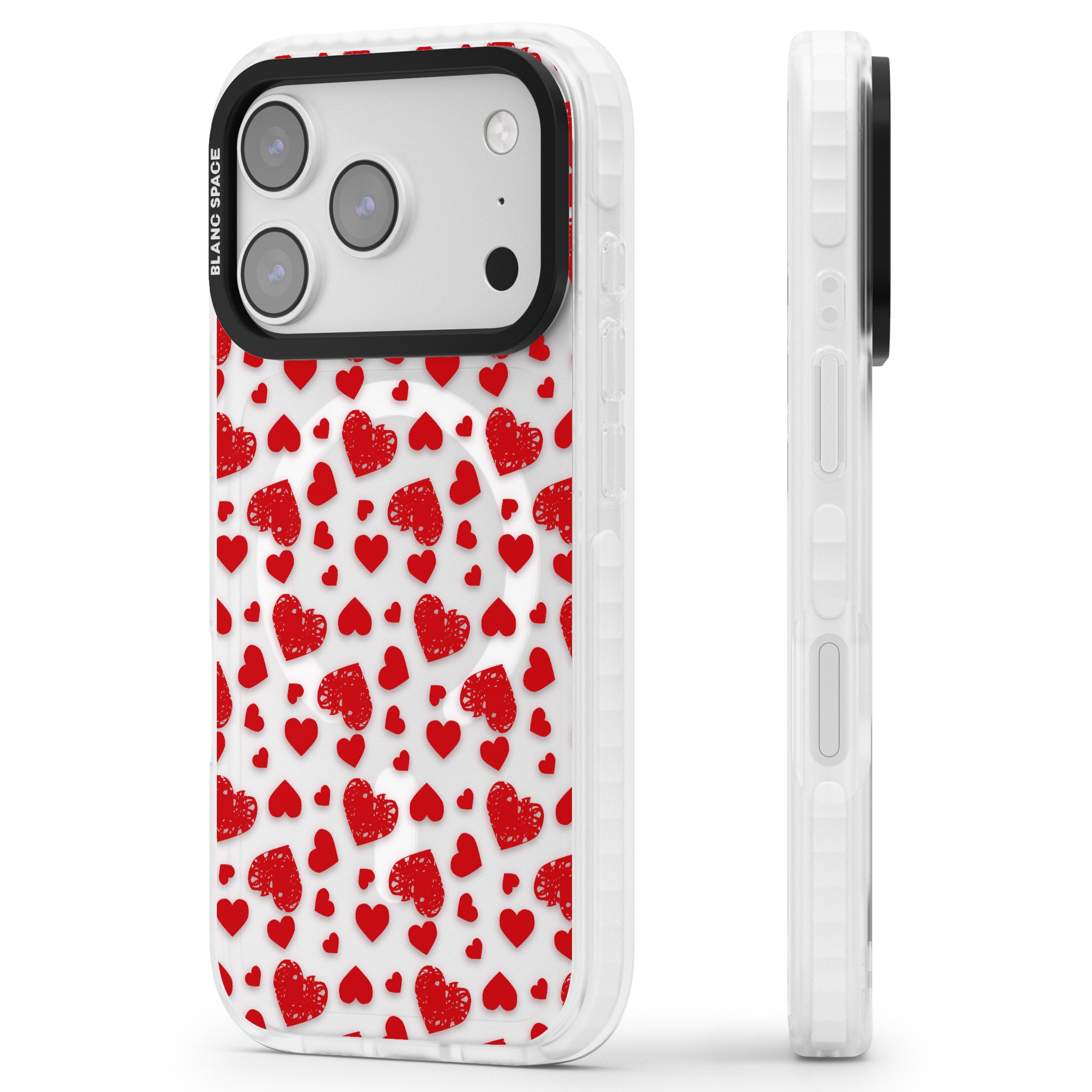 Red Heart Pattern Classic iPhone 17 Pro Impact Pro Clear Phone Case Side Profile