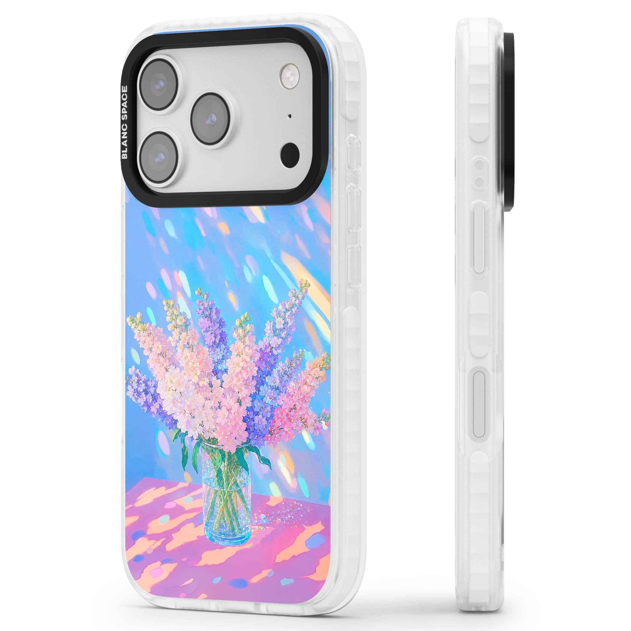 Bubblegum Flowers floral iPhone case featuring pastel lilac and pink bouquet in a glass vase with iridescent light | Impact Magsafe case for iPhone 17 Pro, iPhone 17 Pro Max