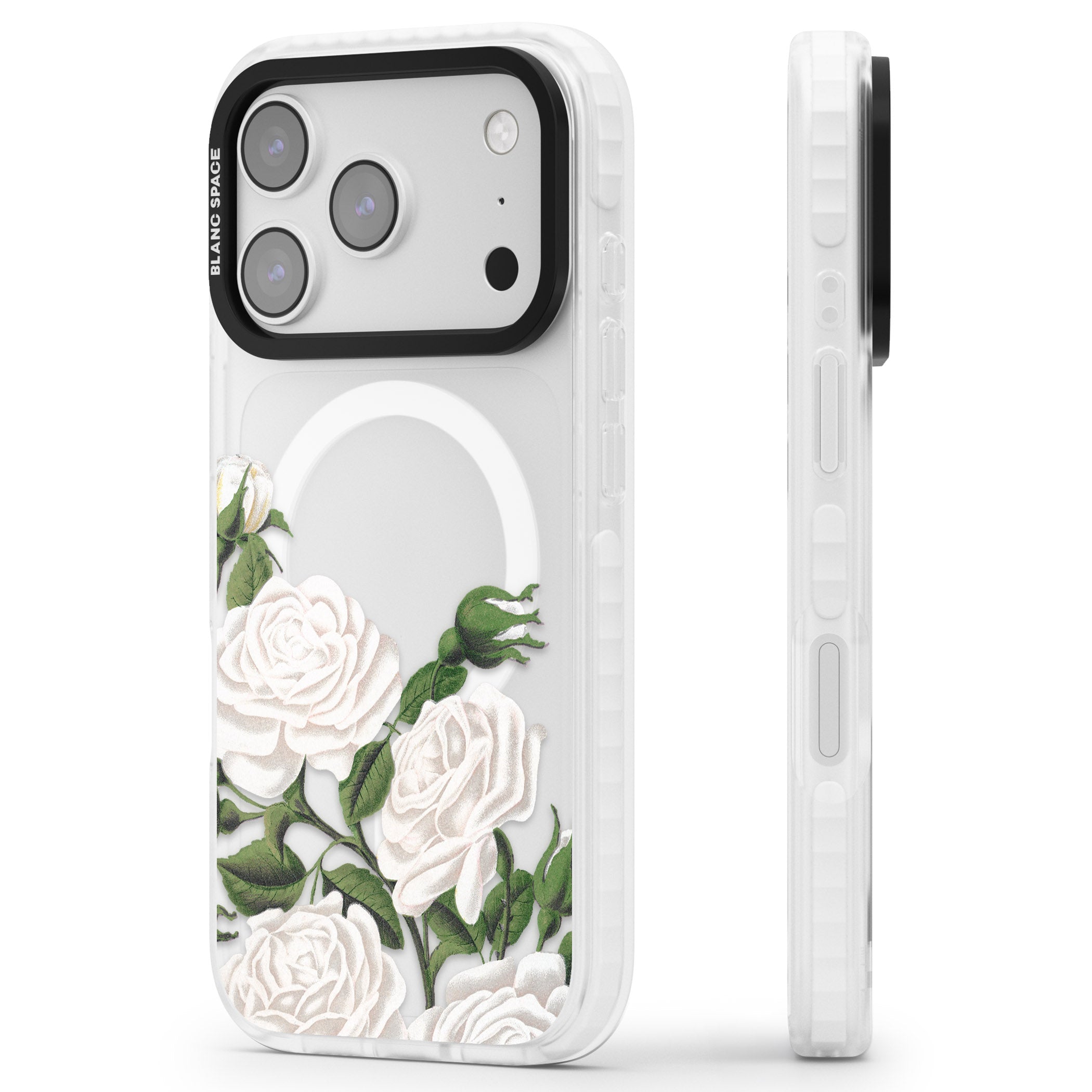 White Vintage Painted Flowers iPhone 17 Pro Impact Pro Clear Phone Case Side Profile