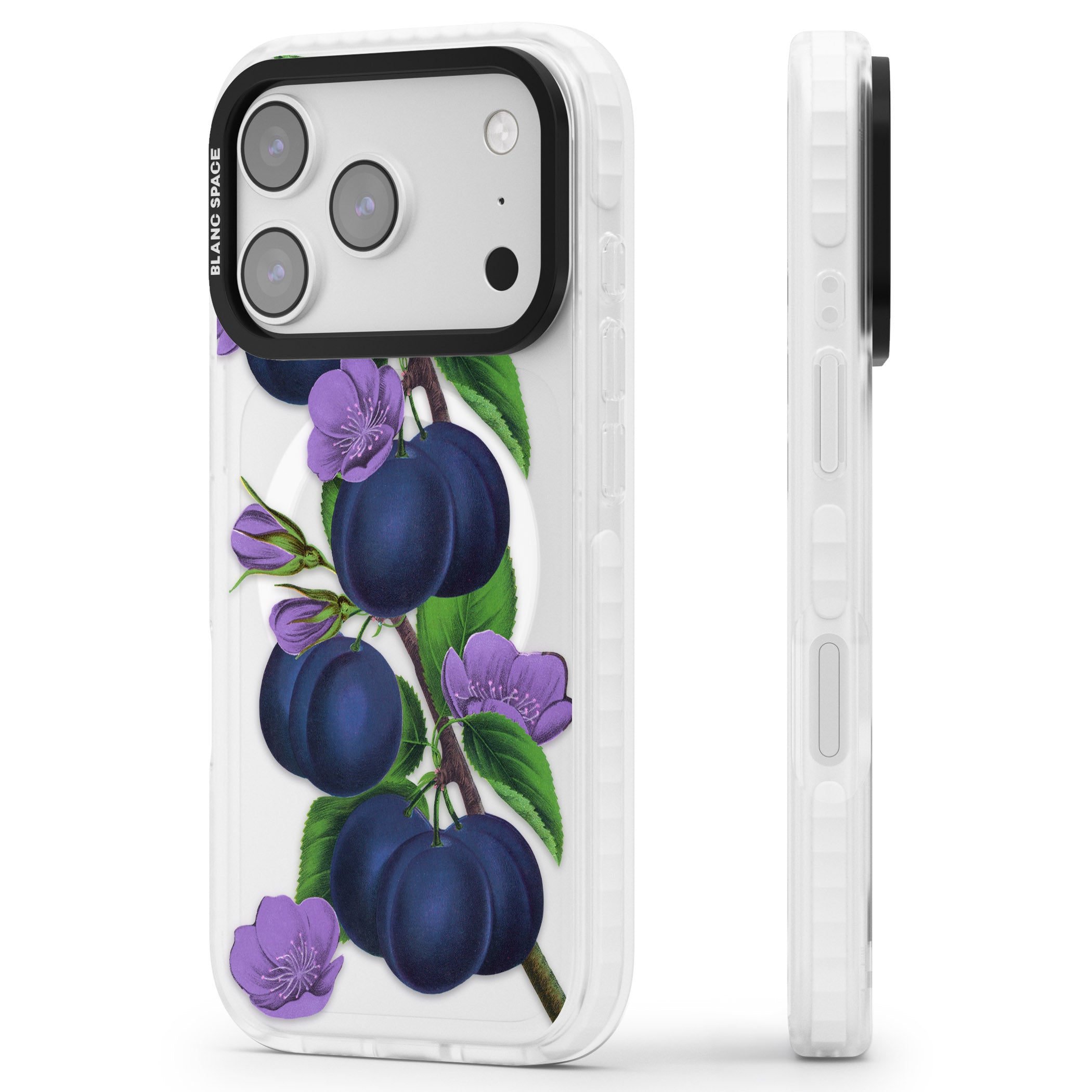 Vintage Painted Plums iPhone 17 Pro Max Impact Pro Clear Phone Case Side Profile