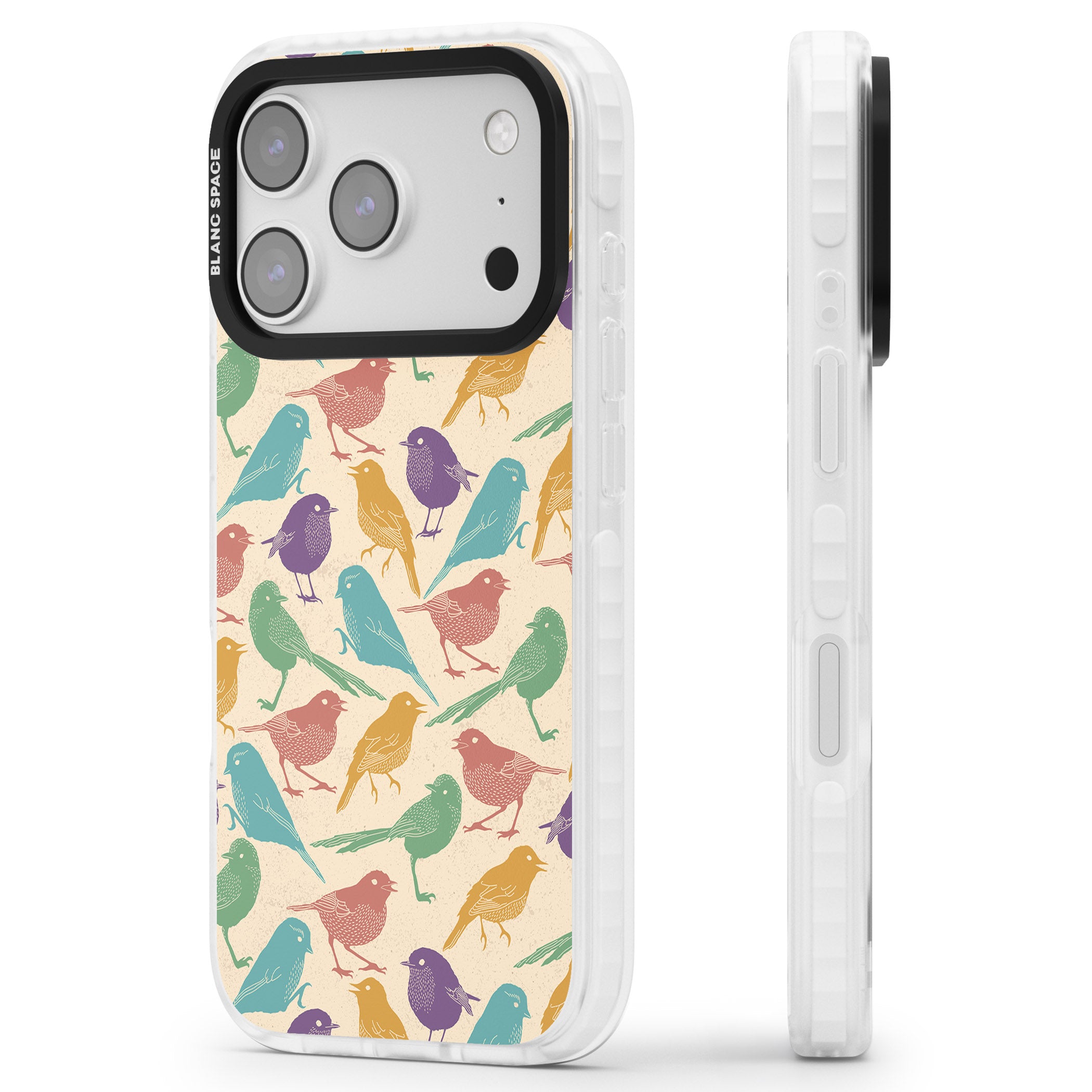 Colorful Feathered Friends iPhone 17 Pro Impact Pro Clear Phone Case Side Profile