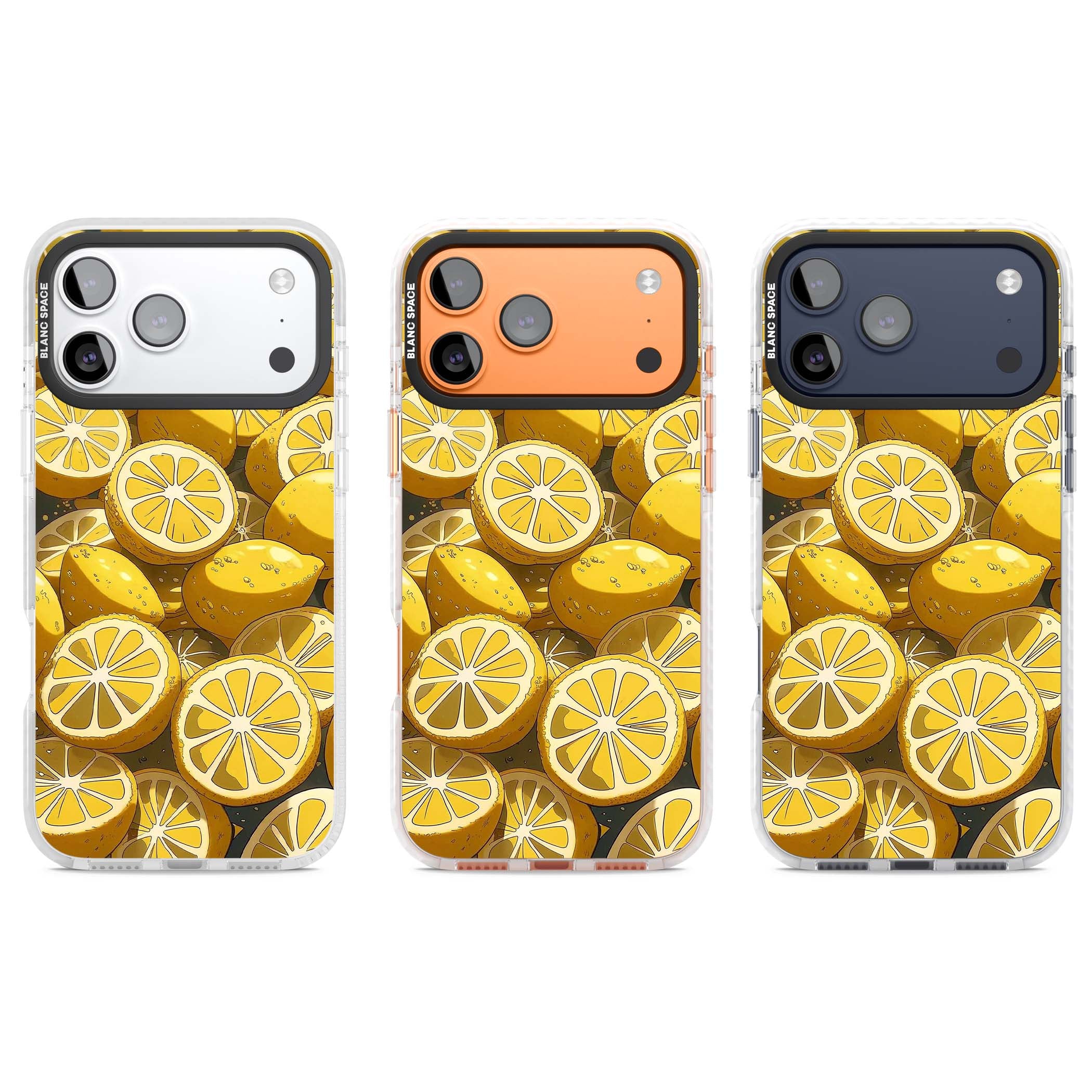 Zesty coastal iPhone case featuring illustrated Mediterranean lemons and citrus slices in golden yellow | Impact Magsafe case for iPhone 17 Pro, iPhone 17 Pro Max