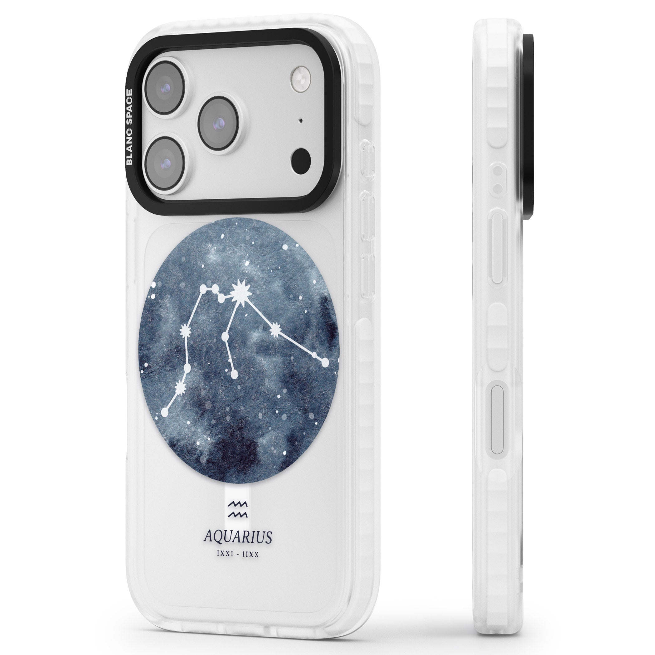 Aquarius Zodiac Blue iPhone 17 Pro Max Impact Pro Clear Phone Case Side Profile