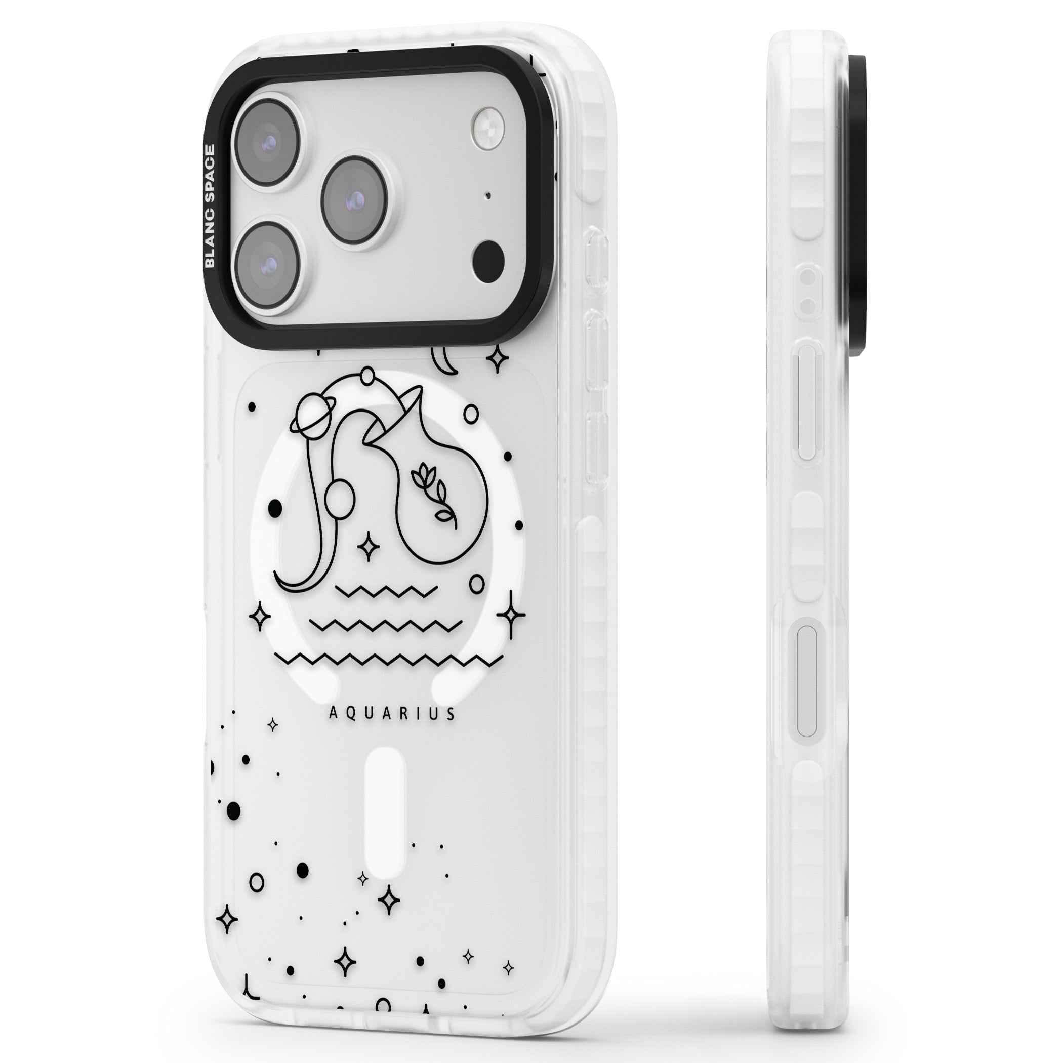 Aquarius Zodiac Symbol iPhone 17 Pro Impact Pro Clear Phone Case Side Profile