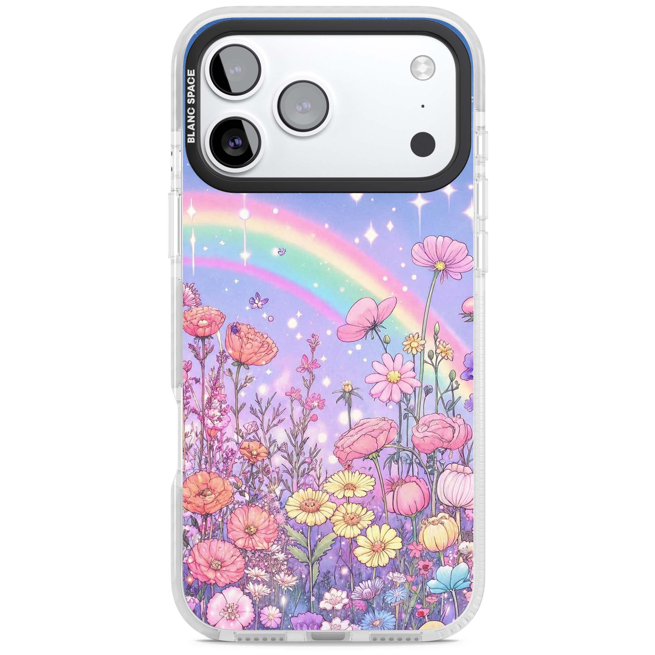 Magical Meadow fairycore iPhone case featuring a pastel rainbow, sparkling stars and a wildflower meadow | Black Impact case for iPhone 17 Pro, iPhone 17 Pro Max
