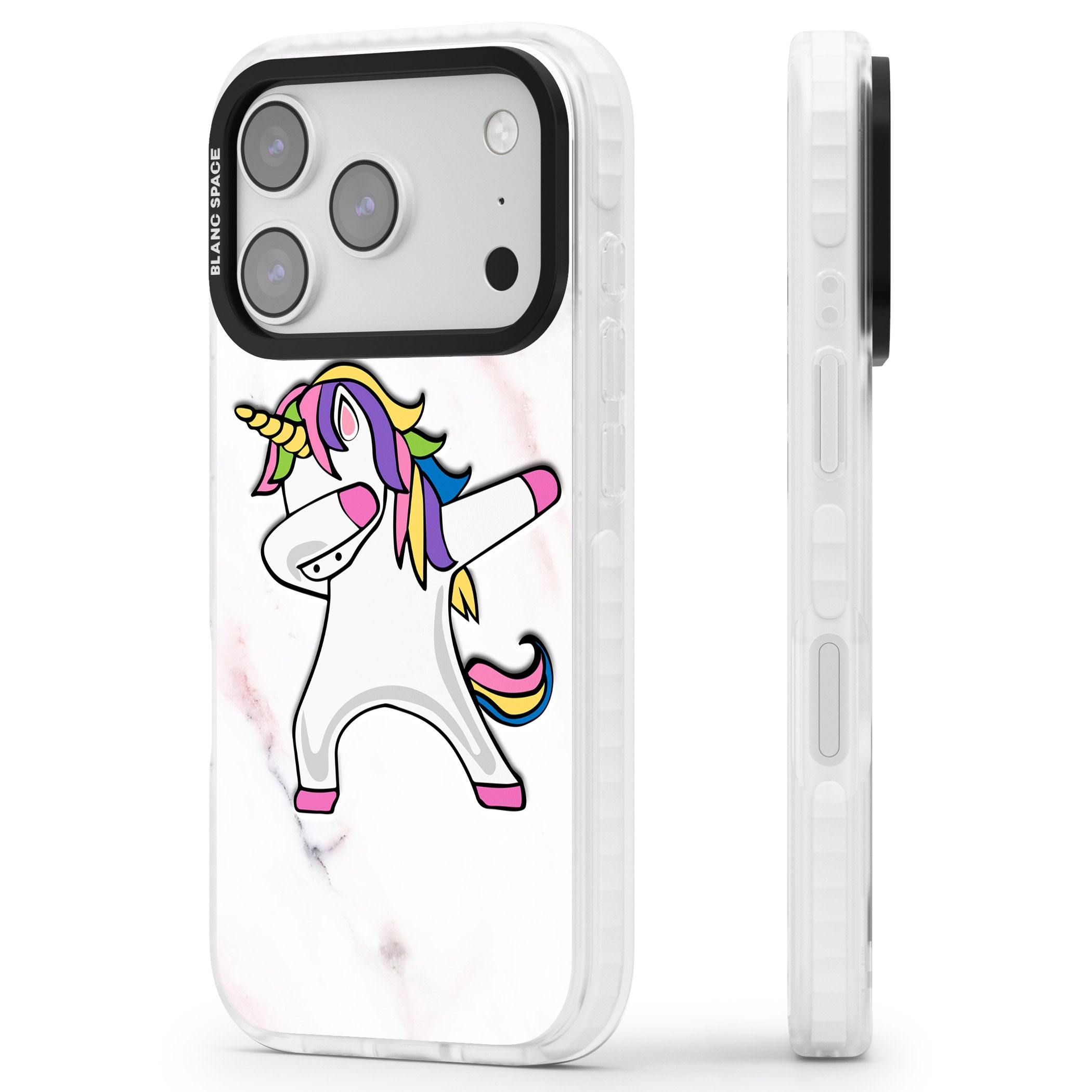 Designer Marble Unicorn Dab iPhone 17 Pro Impact Clear Phone Case Side Profile