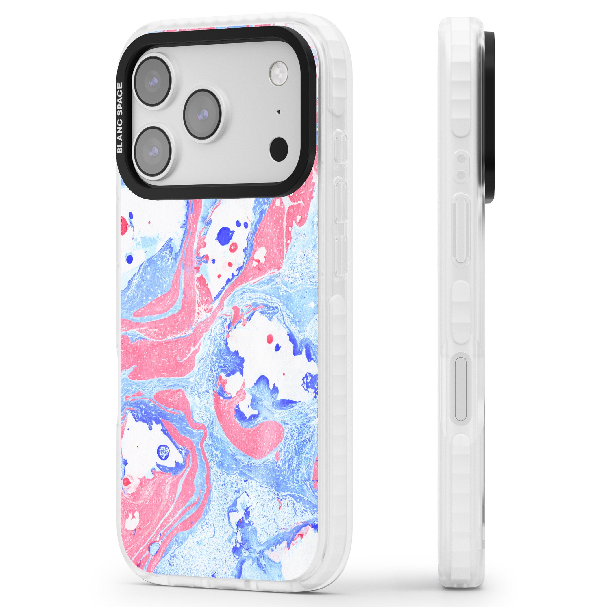 Pink, Blue & White Marbled Paper Pattern iPhone 17 Pro Impact Clear Phone Case Side Profile