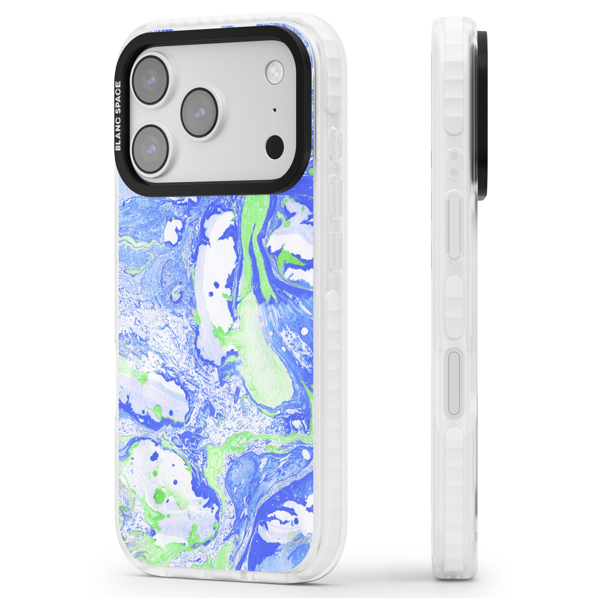 Dark Blue & Green Marbled Paper Pattern iPhone 17 Pro Impact Clear Phone Case Side Profile