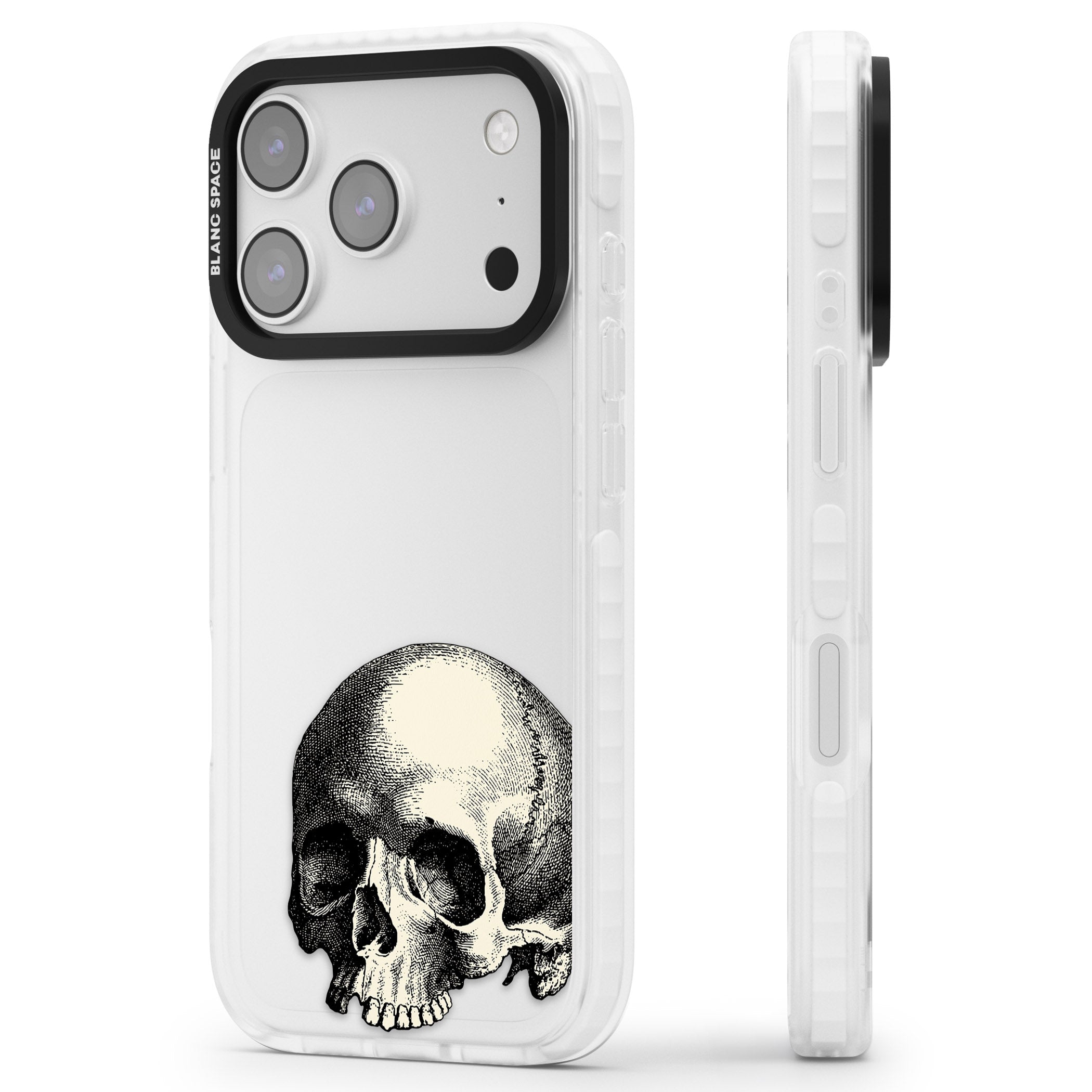 Minimal Vintage Skull iPhone 17 Pro Max Impact Clear Phone Case Side Profile