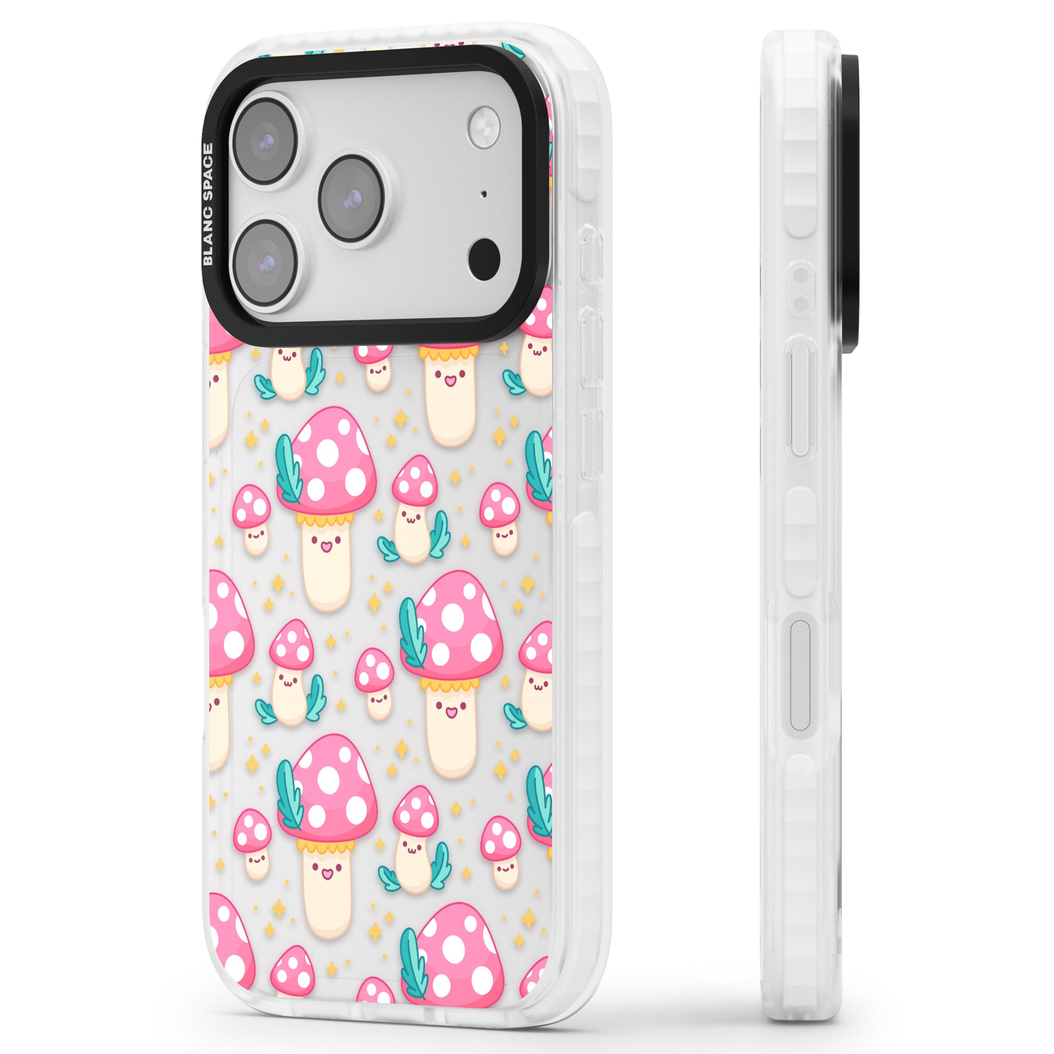 Cute Mushroom Pattern iPhone 17 Pro Impact Clear Phone Case Side Profile
