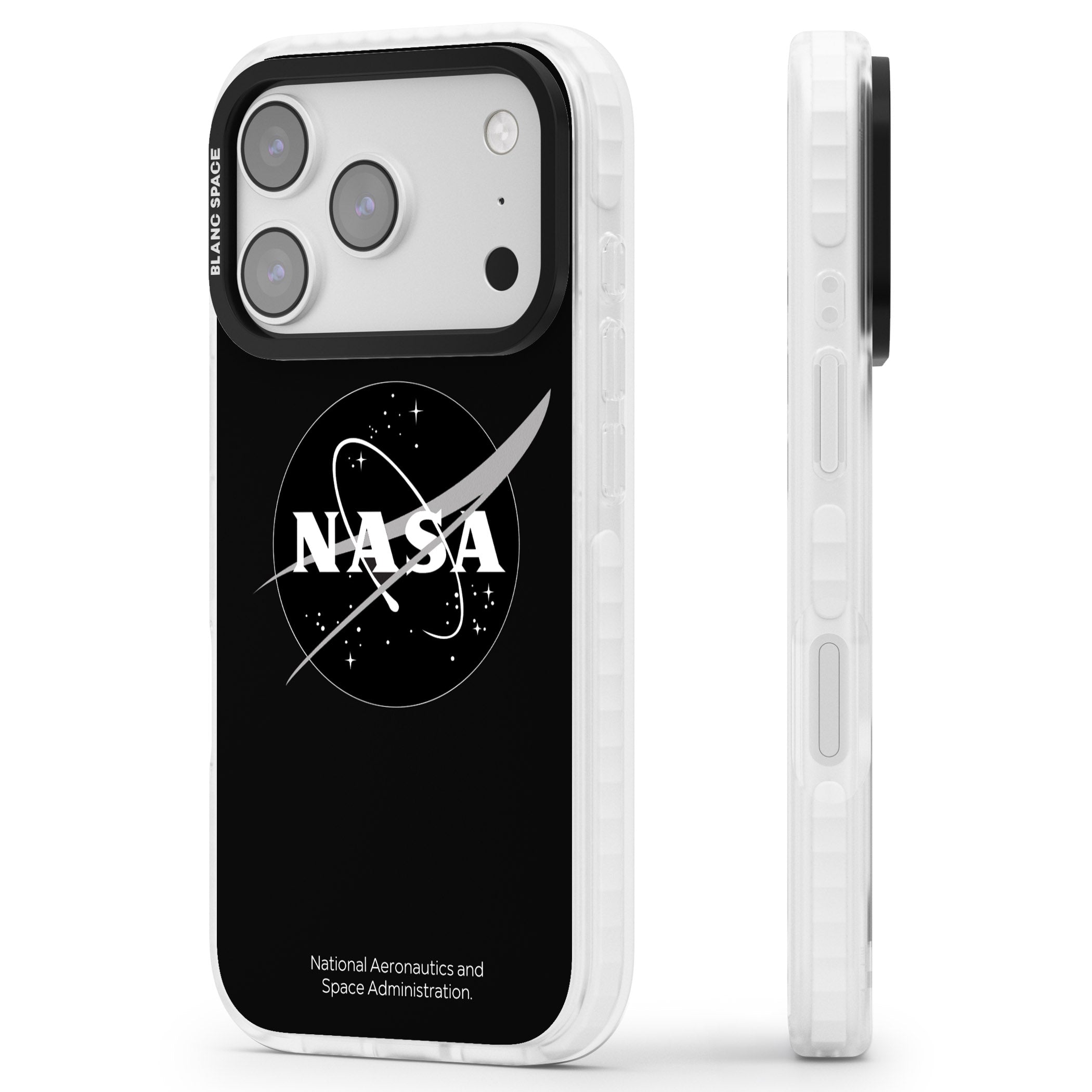 Dark Nasa Meatball iPhone 17 Pro Impact Clear Phone Case Side Profile